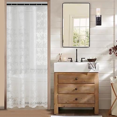 TUDECO Cortina de ducha blanca tamaño establo Cortina de ducha de encaje campestre de 36 x 72 pulgadas con cenefa de fijación, cortina de ducha TUDECO Cortina de ducha blanca tamaño establo Cortina de ducha de encaje campestre de 36 x 72 pulgadas con cenefa de fijación, cortina de ducha
