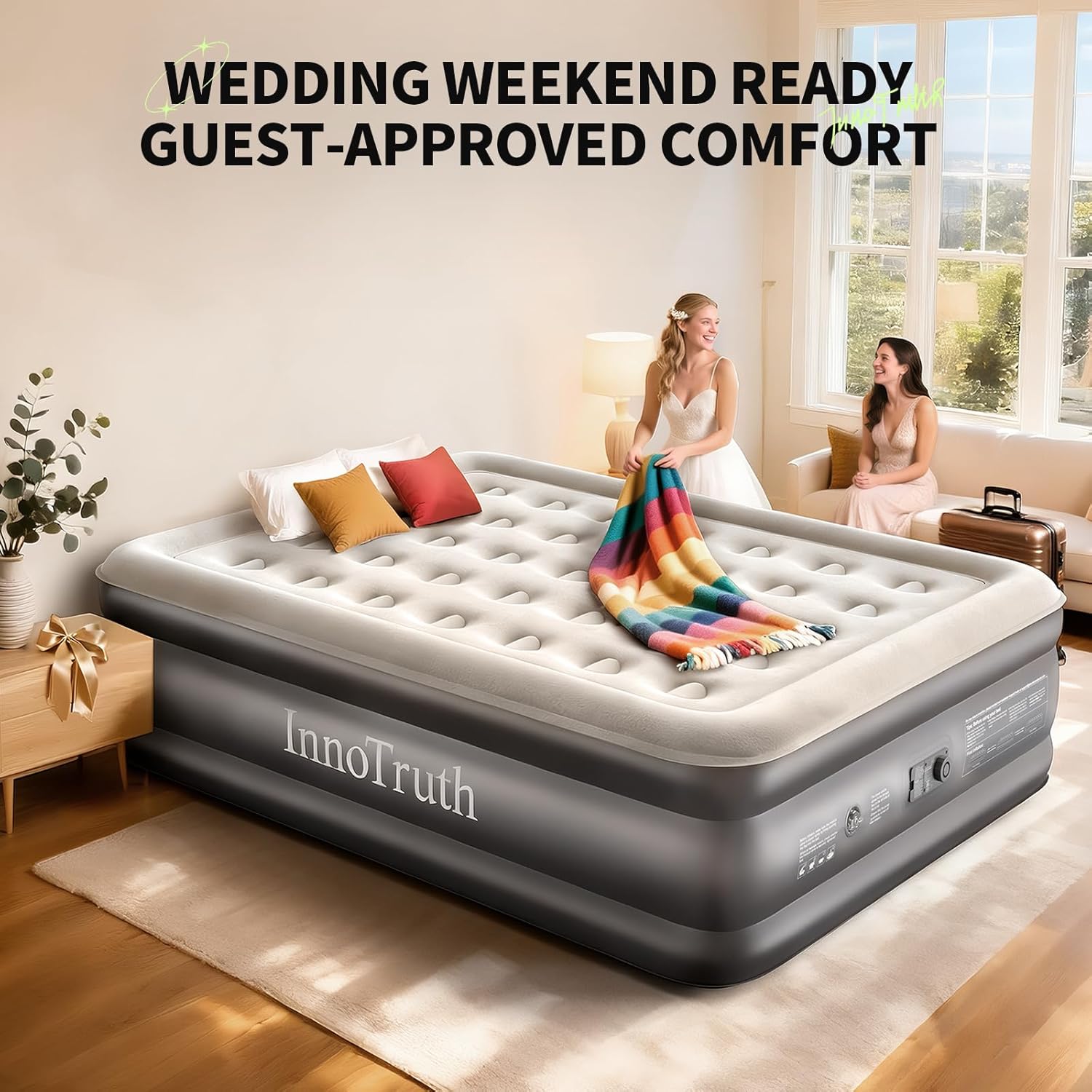 InnoTruth Air Mattress Queen with Built in Pump, Inflatable Mattress Blow up Mattress, Family Choice Award Winner, 18" Colchones Inflables Foldable Air Bed for Guest & Home, Ideal for Camping, 650lbs