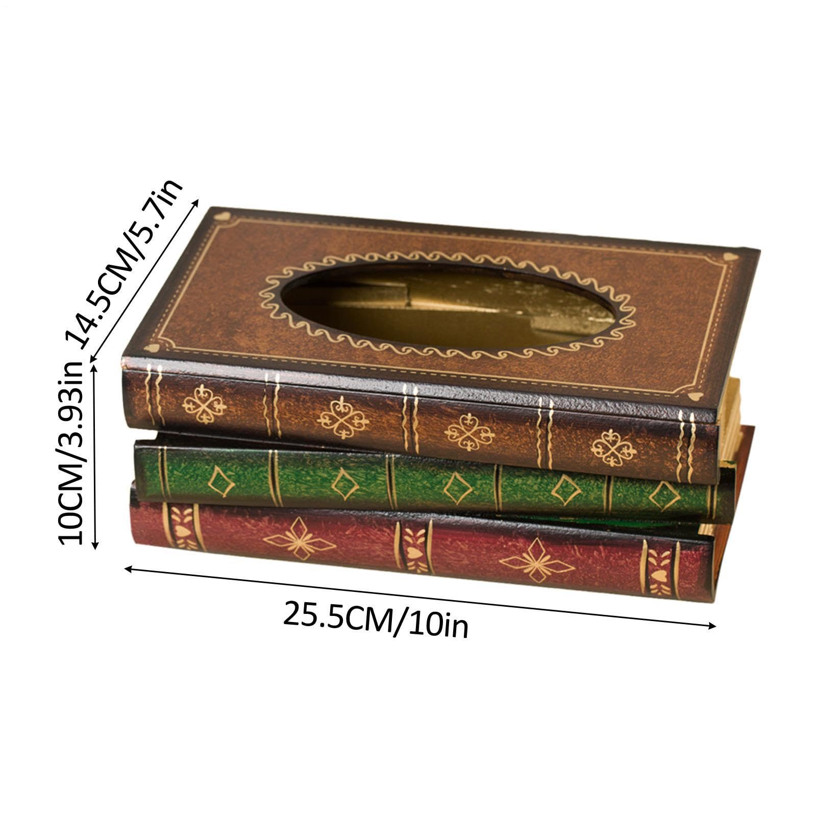Decorative Tissue Cover For Car & Home - Antique Book Stack Rectangular Facial Tissue Holder, Hand-Painted Wooden Box Case | Retro Desk Decor & Napkin Dispenser Gift For Colleagues