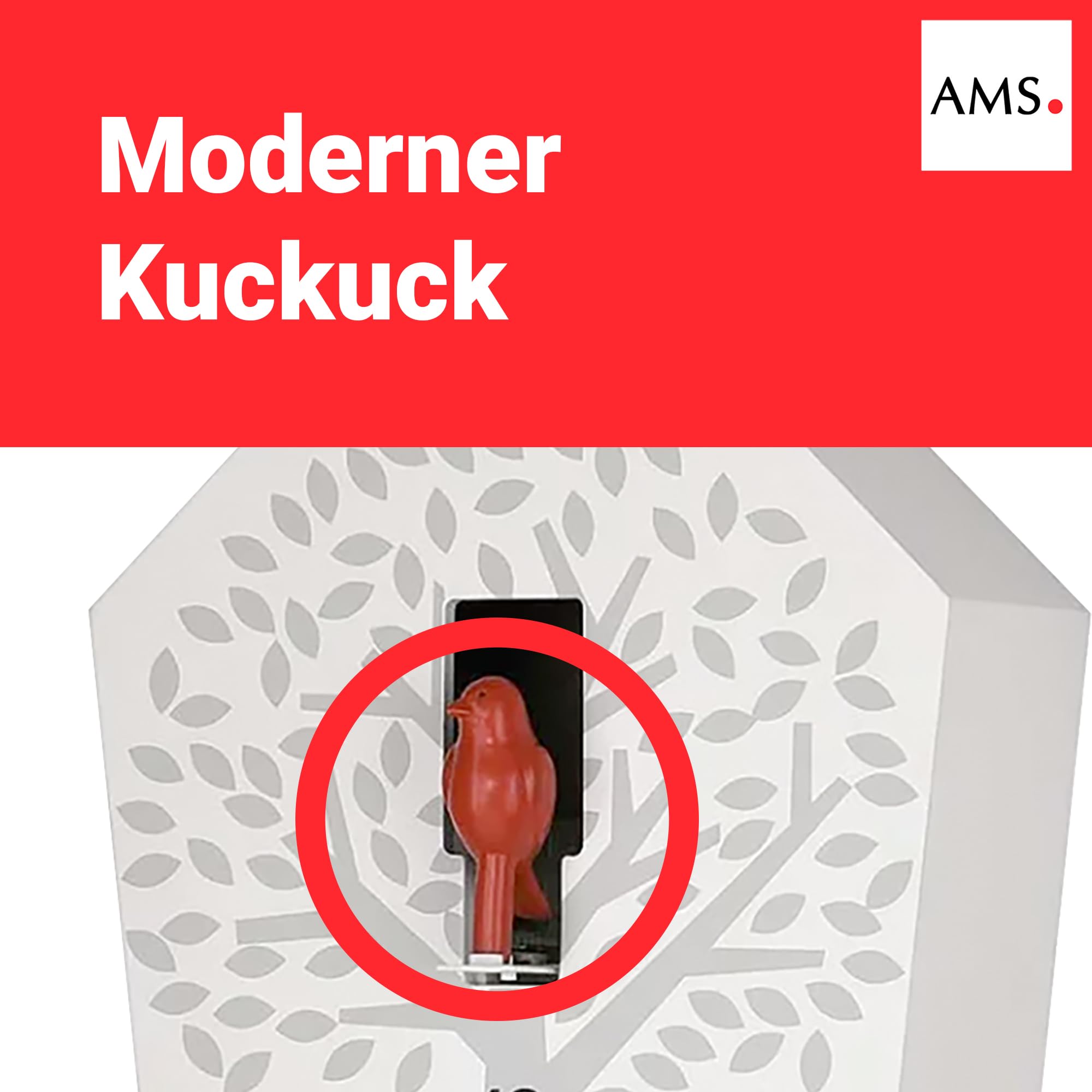 AMS 7286 Wanduhr - Moderne Kuckucksuhr mit Vogelgesang, Quarzpendelwerk, Nachtabschaltung, weiß lackiertes Holzgehäuse, Zwei Deko-Vögel inklusive, Maße: 20 x 39 x 11 cm, Gesamthöhe 51,5 cm