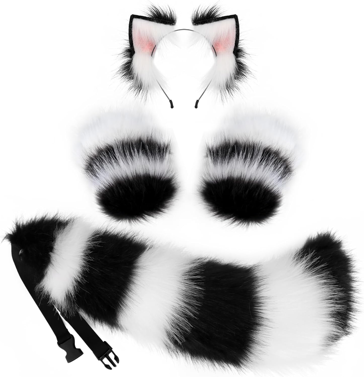 JUNBOON Faux Fur Cat Ears and Wolf Fox Tail Set Adult Kids Claw Glove Kit for Halloween Anime Cosplay Party