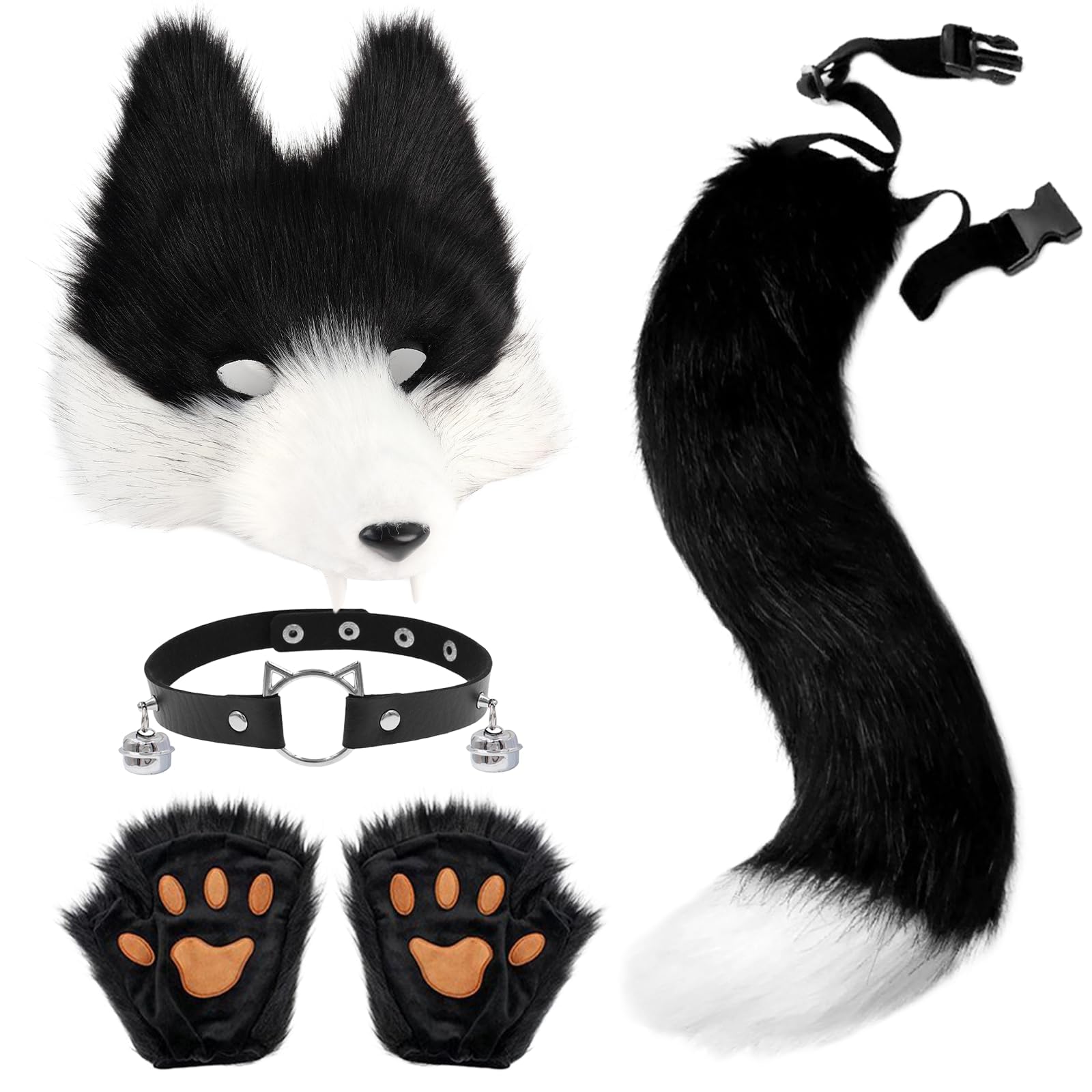 YAEGIMHT Faux Wolf Costume Cosplay Set for Adult Halloween Fancy Dress Include 3D Wolf Mask with Detachable Teeth