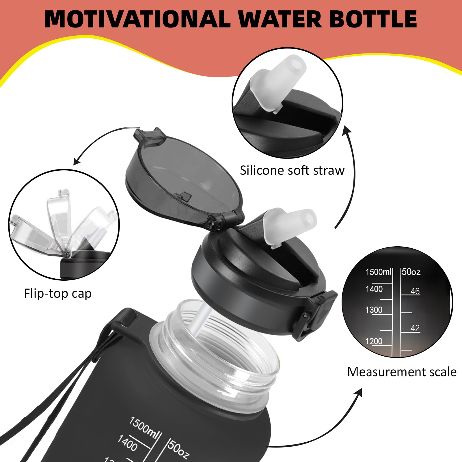 Grsta Borraccia 1,5 litri, Borraccia Palestra, Borracce Graduata con Cannuccia, Facile da Pulire, Bottiglia con Indicatore del Tempo Motivazionale per Bicicletta, Outdoor, Trekking