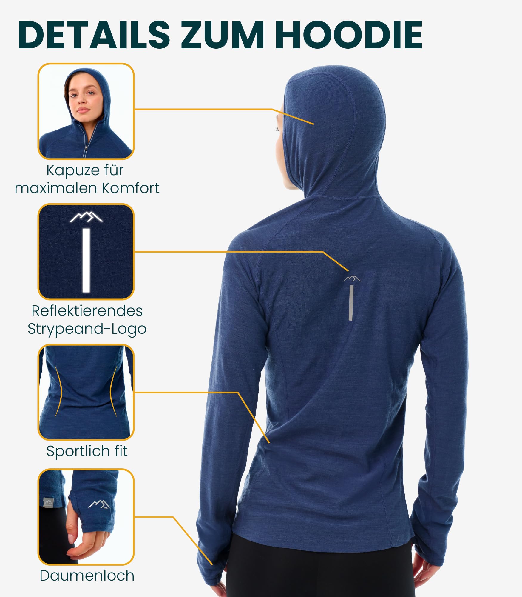 Merino.tech Merino Kapuzenpullover Damen - Merino Hoodie, Thermo Shirt Damen Langarm mit Kapuze
