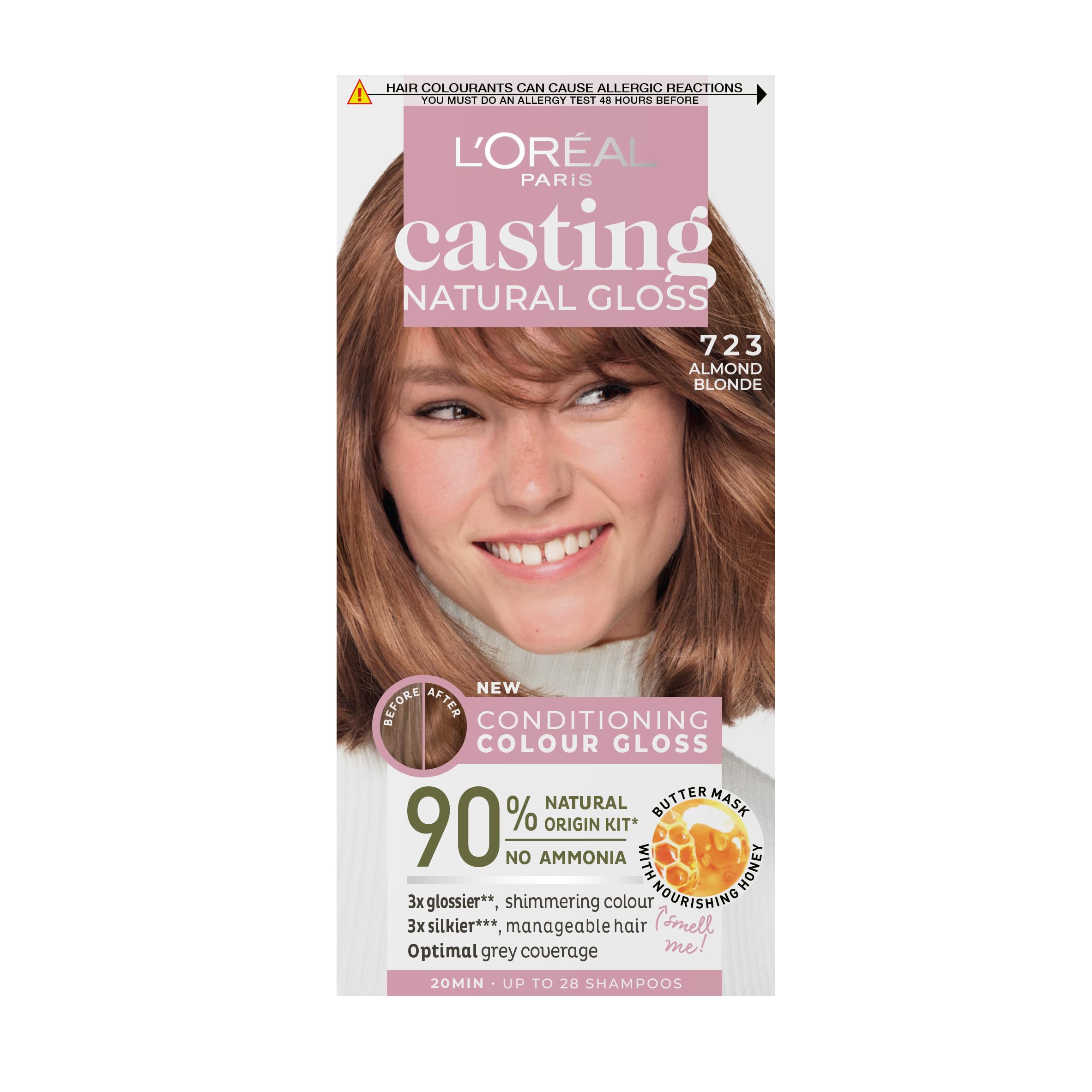Casting Natural Gloss 7.23 Blonde Amande: A no-ammonia, glossy hair colour lasting 32 washes. Up to 3x glossier, 4x silkier, healthier hair with a beautiful Blonde Amande shade.