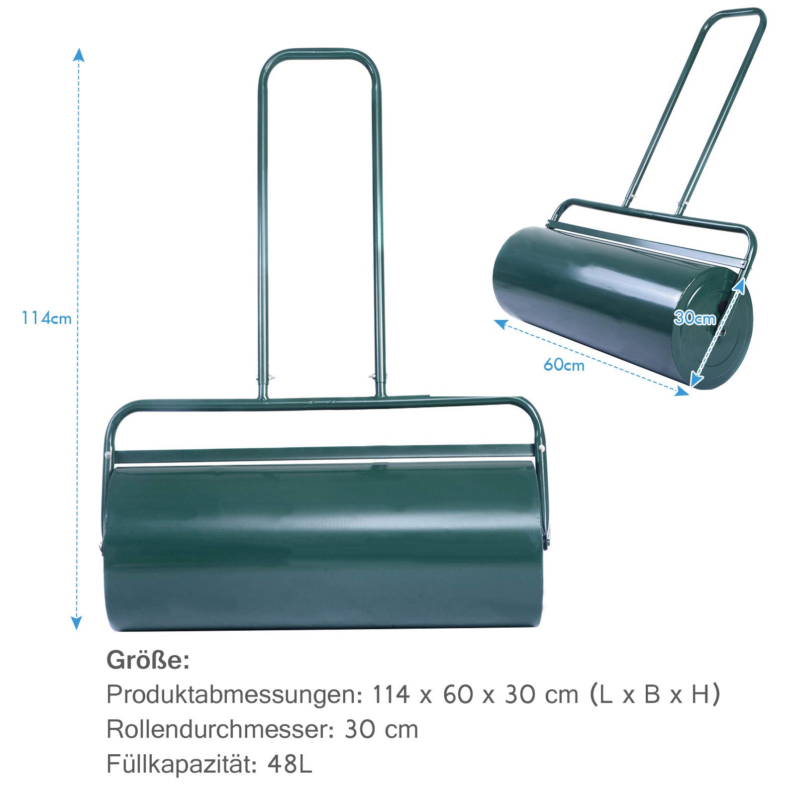 GOPLUS Walec do trawnika, 48 l/63 l, walec ogrodowy napełniany wodą i piaskiem, wałek do trawy z metalu, walec polny do ogrodu i parku (48 l, zielony)