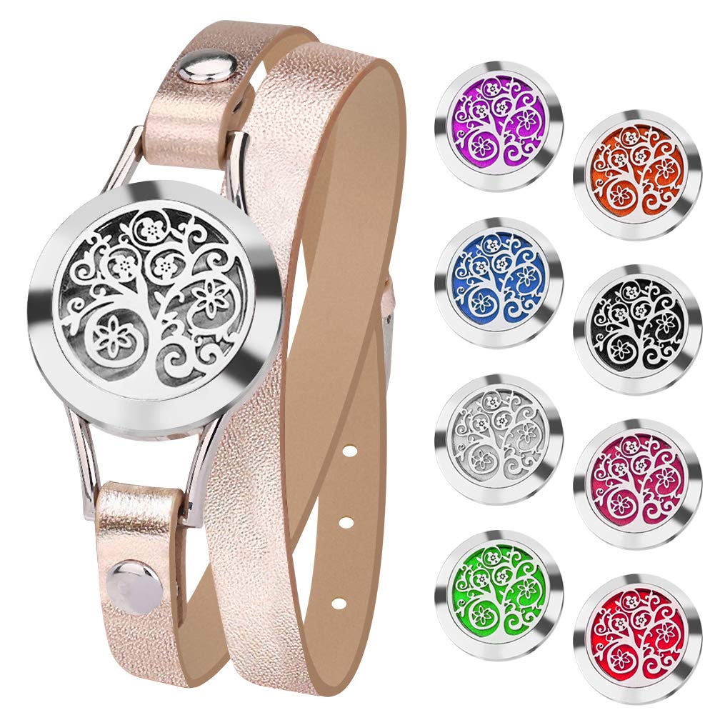Essential Oil Diffuser Bracelet,Stainless Steel Aromatherapy Locket Bracelets Leather Band with 8 Color Pads,Girl Women Jewelry Gifts for Mom