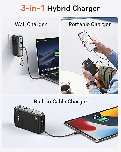 Miniatura 5 de Cargador portátil, cargador de batería de 10000 mAh, cable integrado y enchufe de pared de 65 W para laptop, batería de teléfono 3 en 1, carga