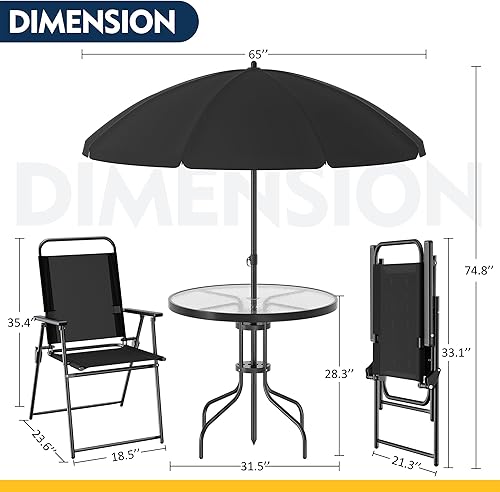 Miniatura 5 de Shintenchi Juego de comedor de patio de 6 piezas con paraguas, juego de muebles de exterior con 4 sillas plegables y mesa de comedor de vidrio
