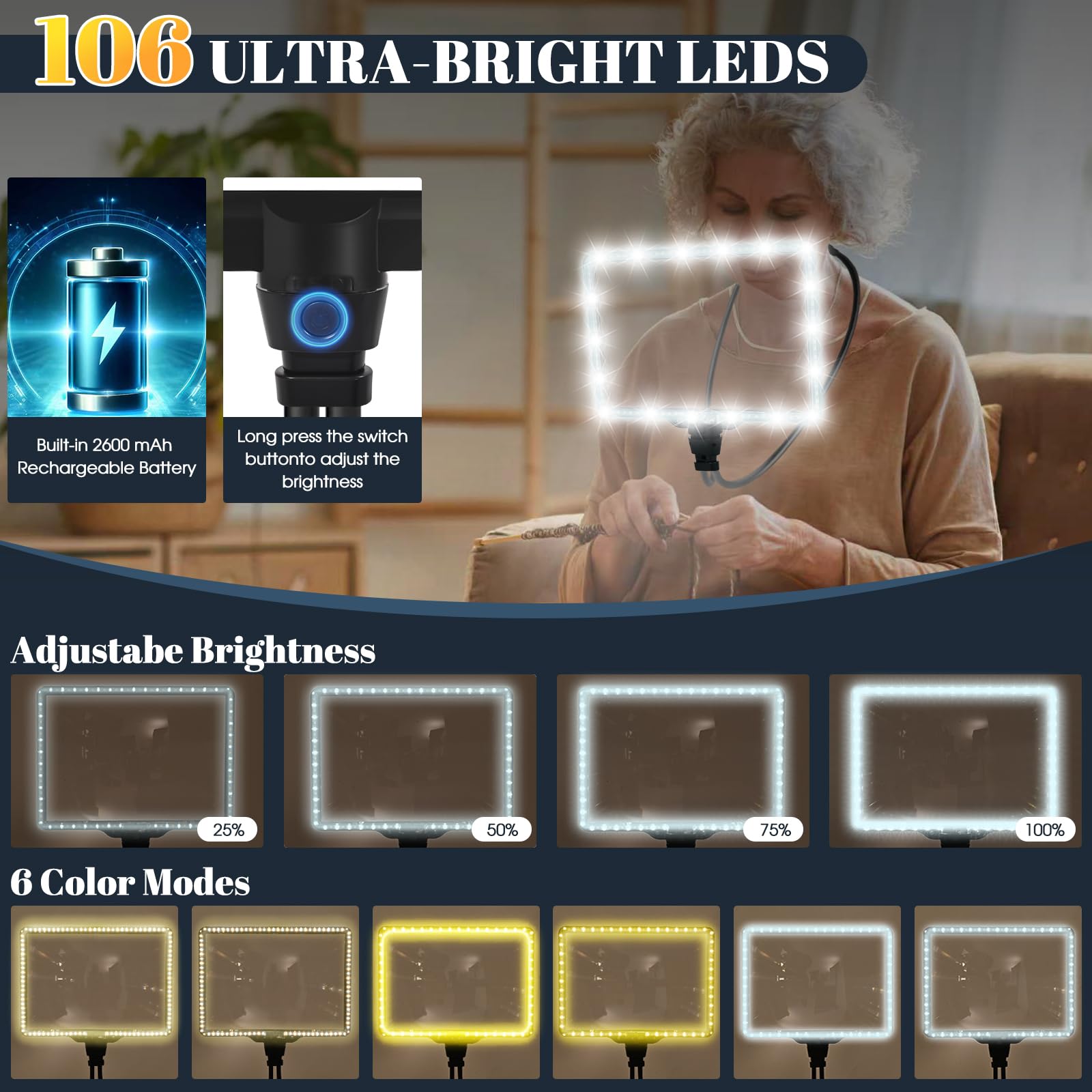 Extra große freihändige Lupe mit Licht, 10-fache Vergrößerung, Vollseitenlupe mit Tasche, 6 Farbmodi, 106 LEDs, 3600 mAh, wiederaufladbar, zum Lesen, Malen, Nähen, Senioren mit geringer Sicht