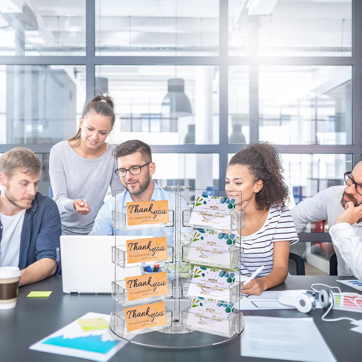 Qunclay Acrylic Business Card Holder Multi Slot Card Organizer Plastic Rotating Clear Sticker Holders Multi Pocket Rotating Countertop Organizer Display(24 Pocket)