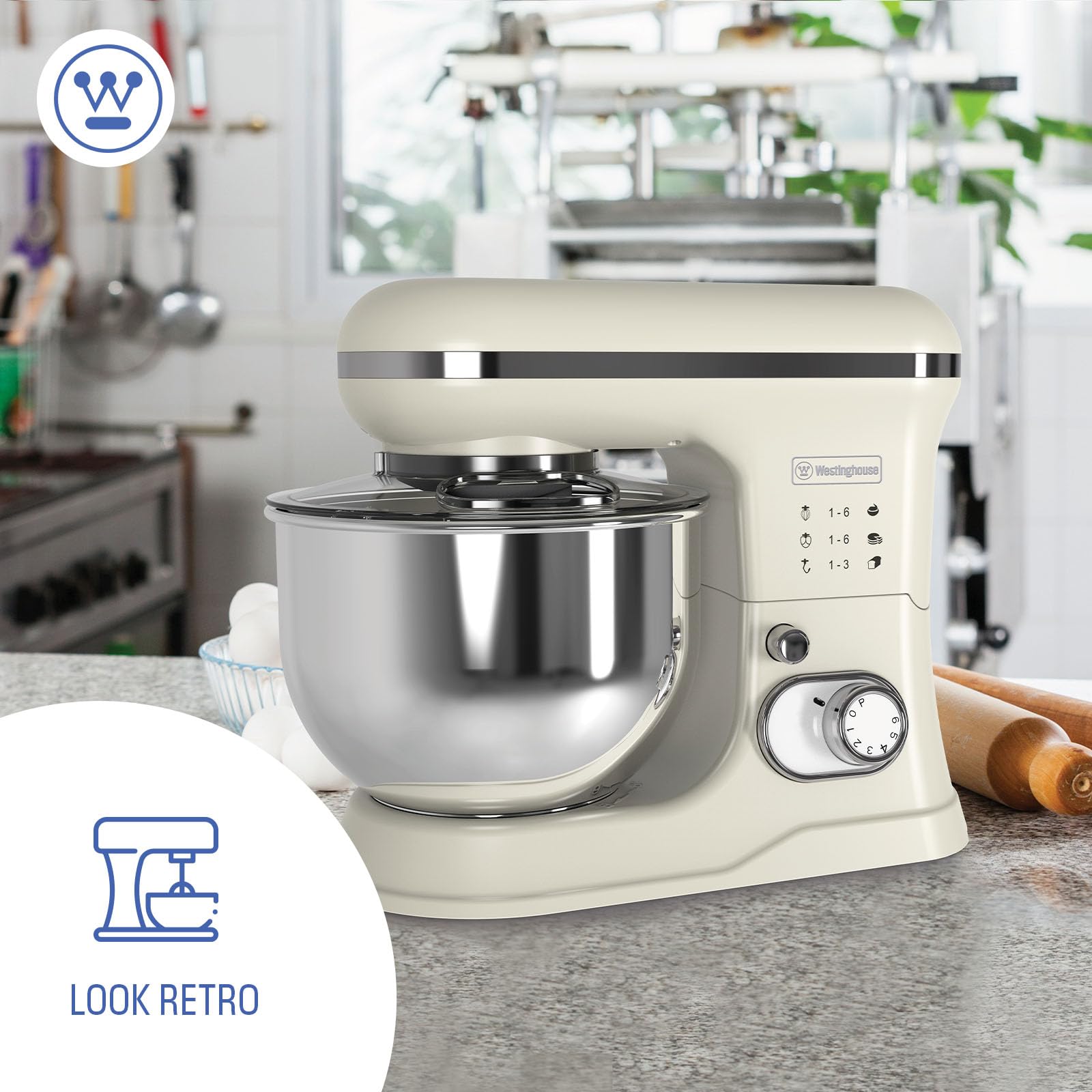 Batidora de pie Westinghouse Retro - 1200 W - Robot de cocina con bol de 5 l - Robot de cocina - Batidora de cocina - Procesador de alimentos - Beige