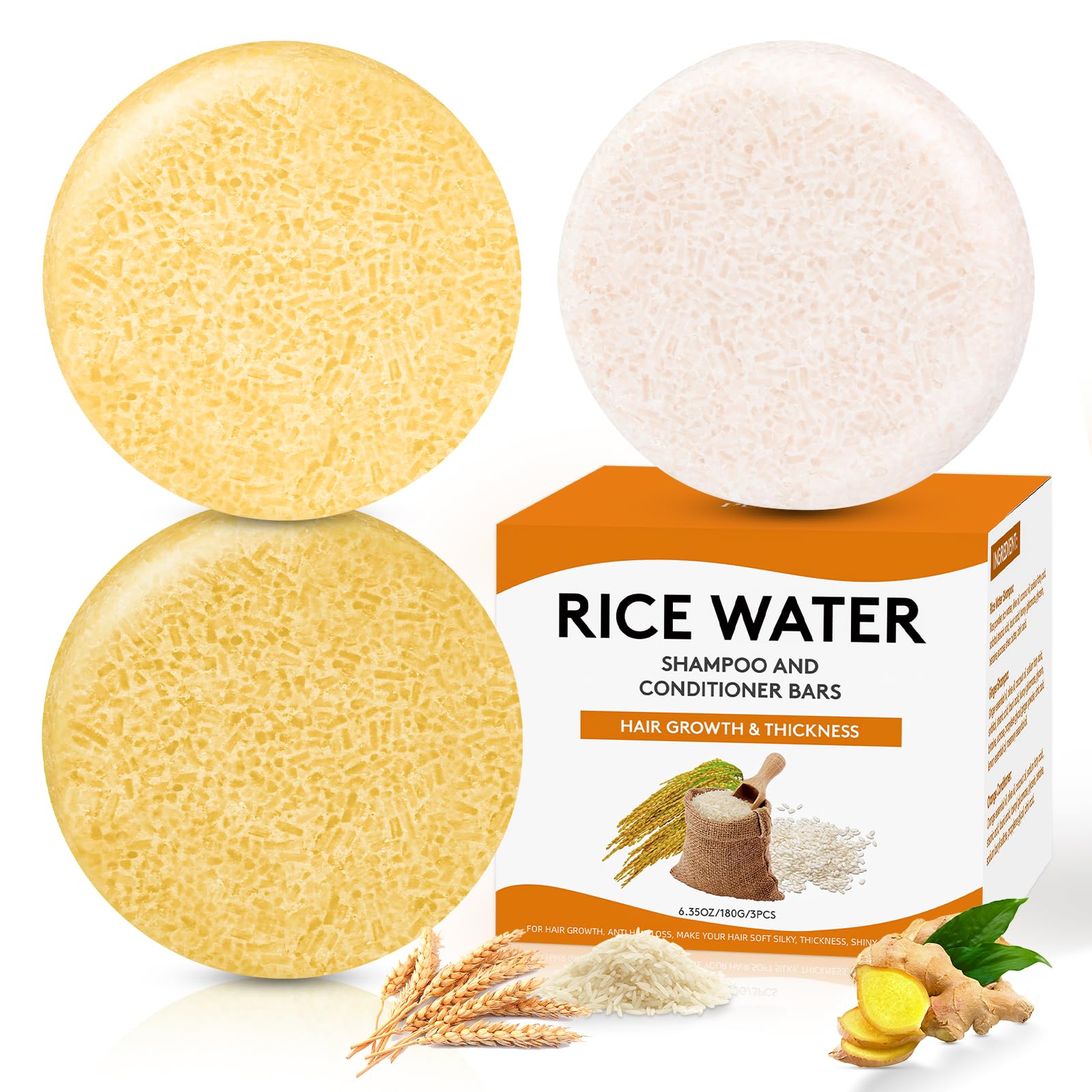 Pubpok Rice Water Shampoo and Conditioner Bar for Hair Growth, Ginger Shampoo Bar for Anti-Hair Loss, Strengthening & Nourishing Soap Bar, PH Balanced