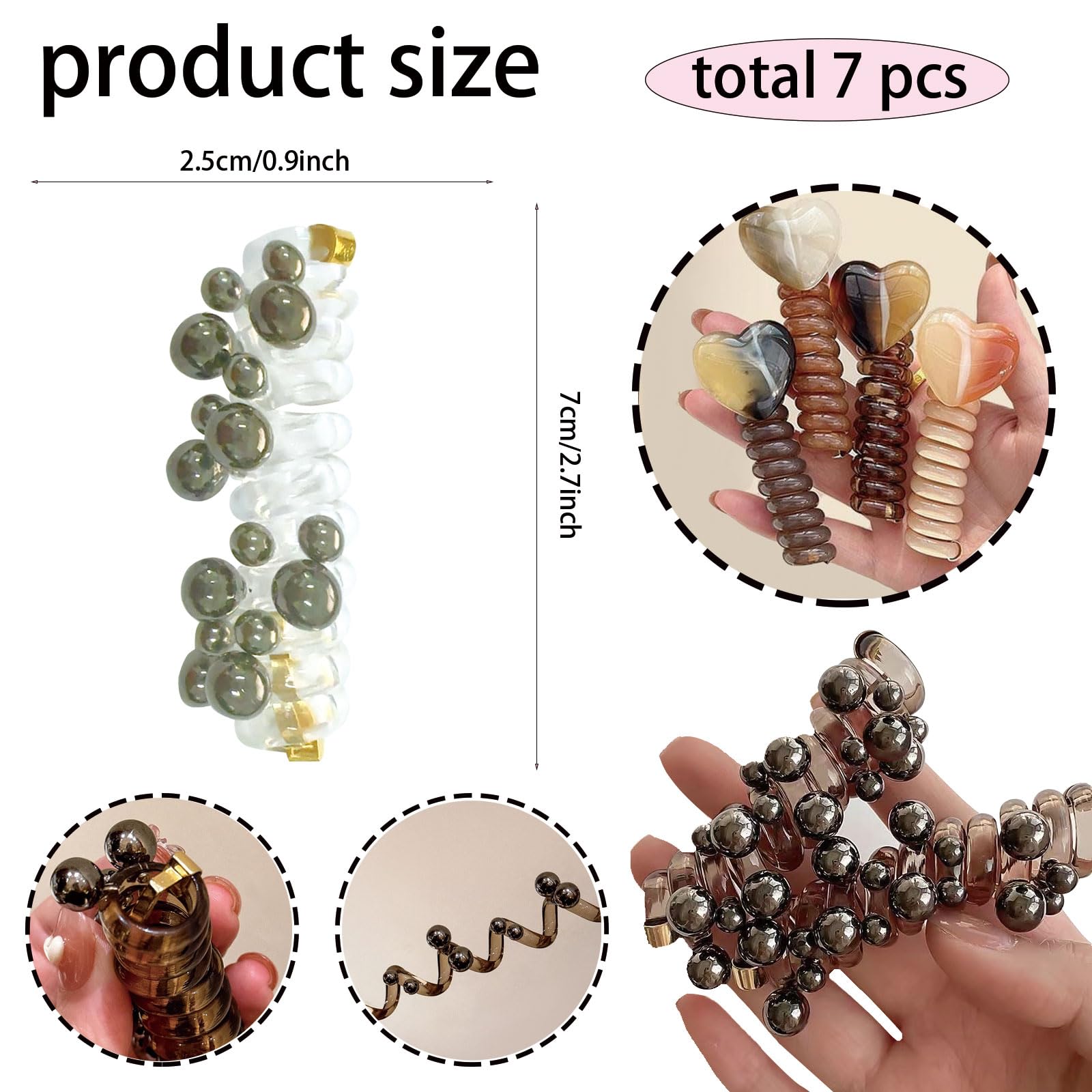 7 Pieces Colorful Telephone Wire Hair Bands, Elegant Pearl Heart Shape Spiral Hair Ties Ponytail Holders - Image 2
