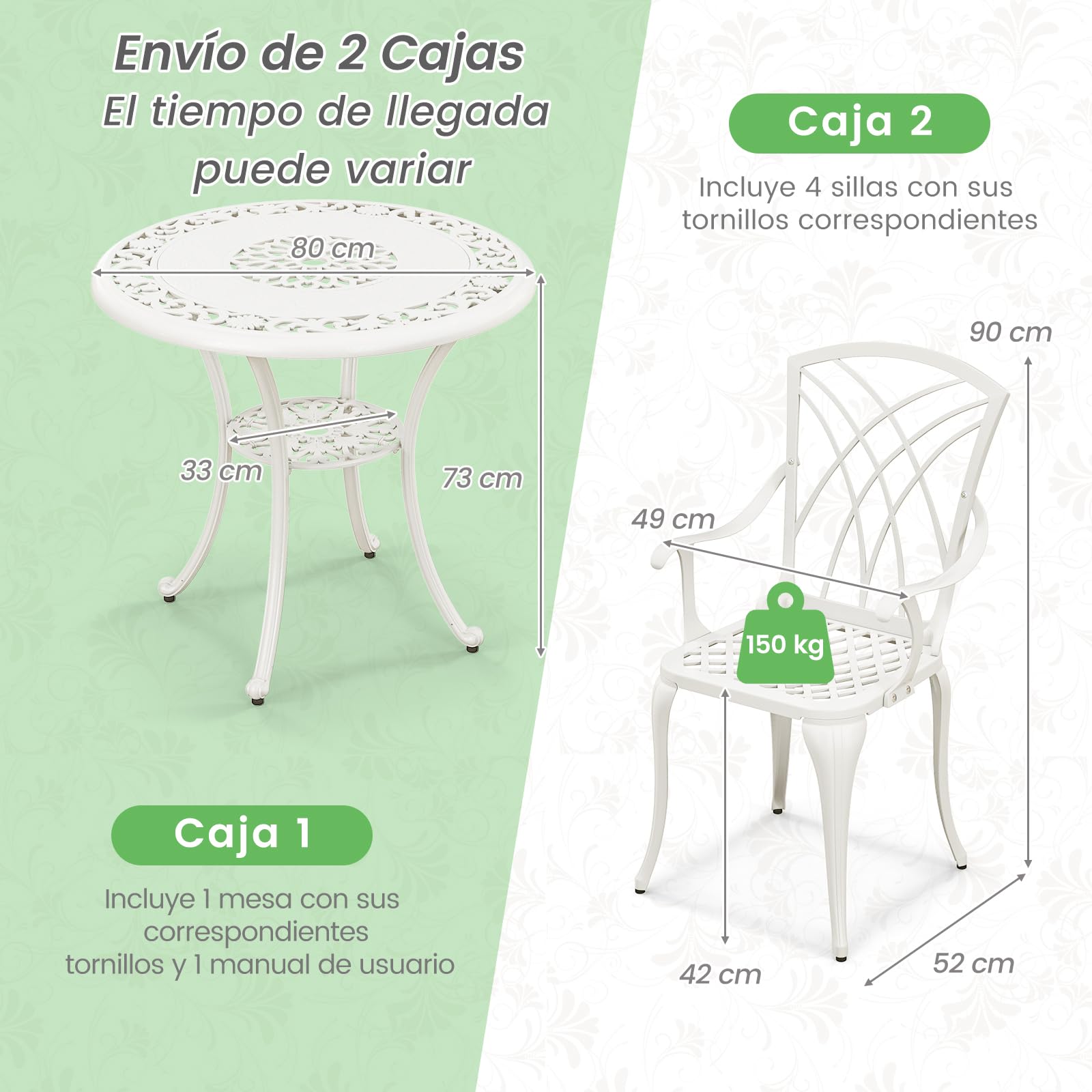 GIANTEX Conjunto de Mesa de Jardín 5 Piezas, Silla de Hierro Fundido de Aluminio, Mesa Bistro para 4 Personas, Agujero de Sombrilla Dia. 5 cm, para Terraza, Balcón