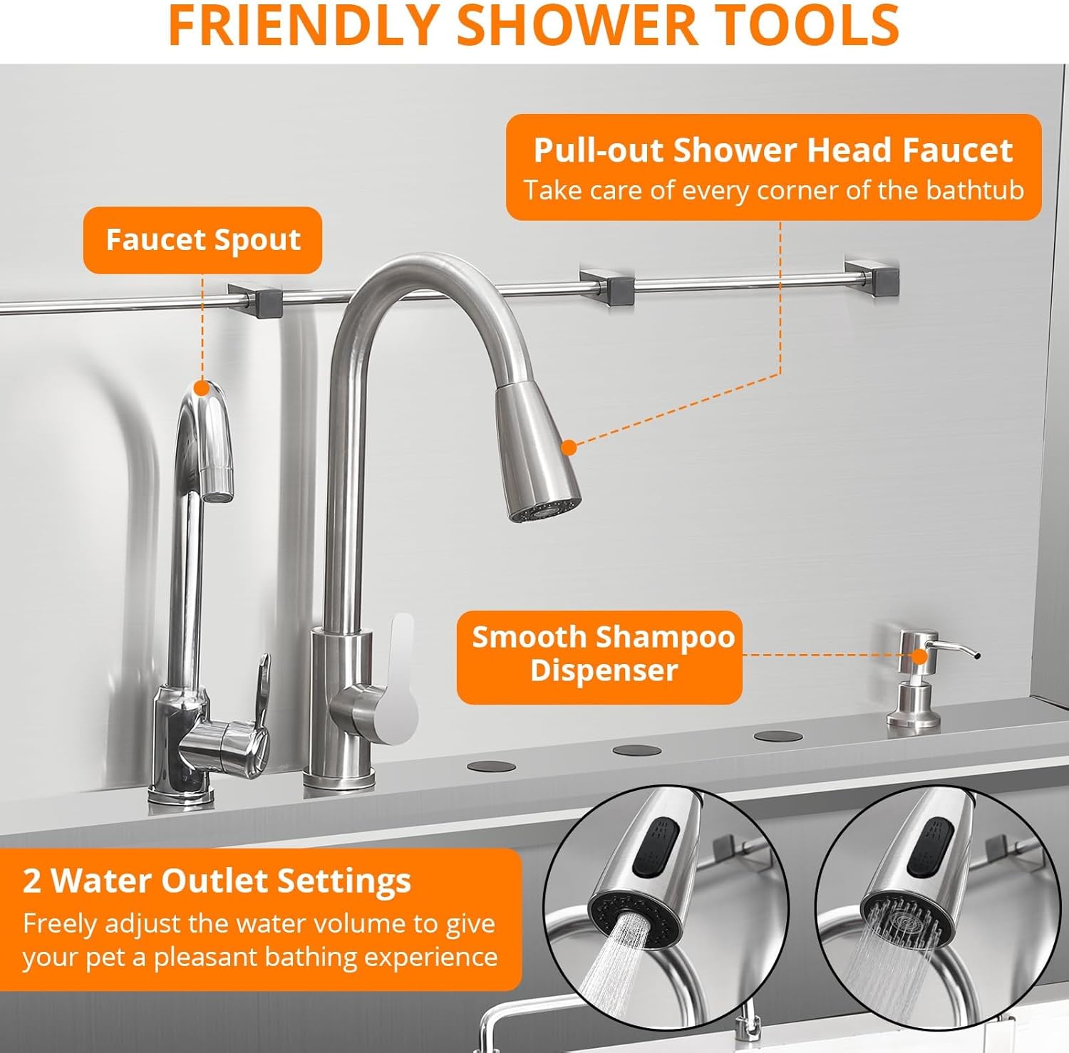 Dog Washing Station, 3” Stainless Steel Grooming Tub with Foldable Anti-Slip Ramp, Adjustable Height Grate, Pull-Out Shower & Large Storage Drawer for Large, Medium and Small Pets, Right Door