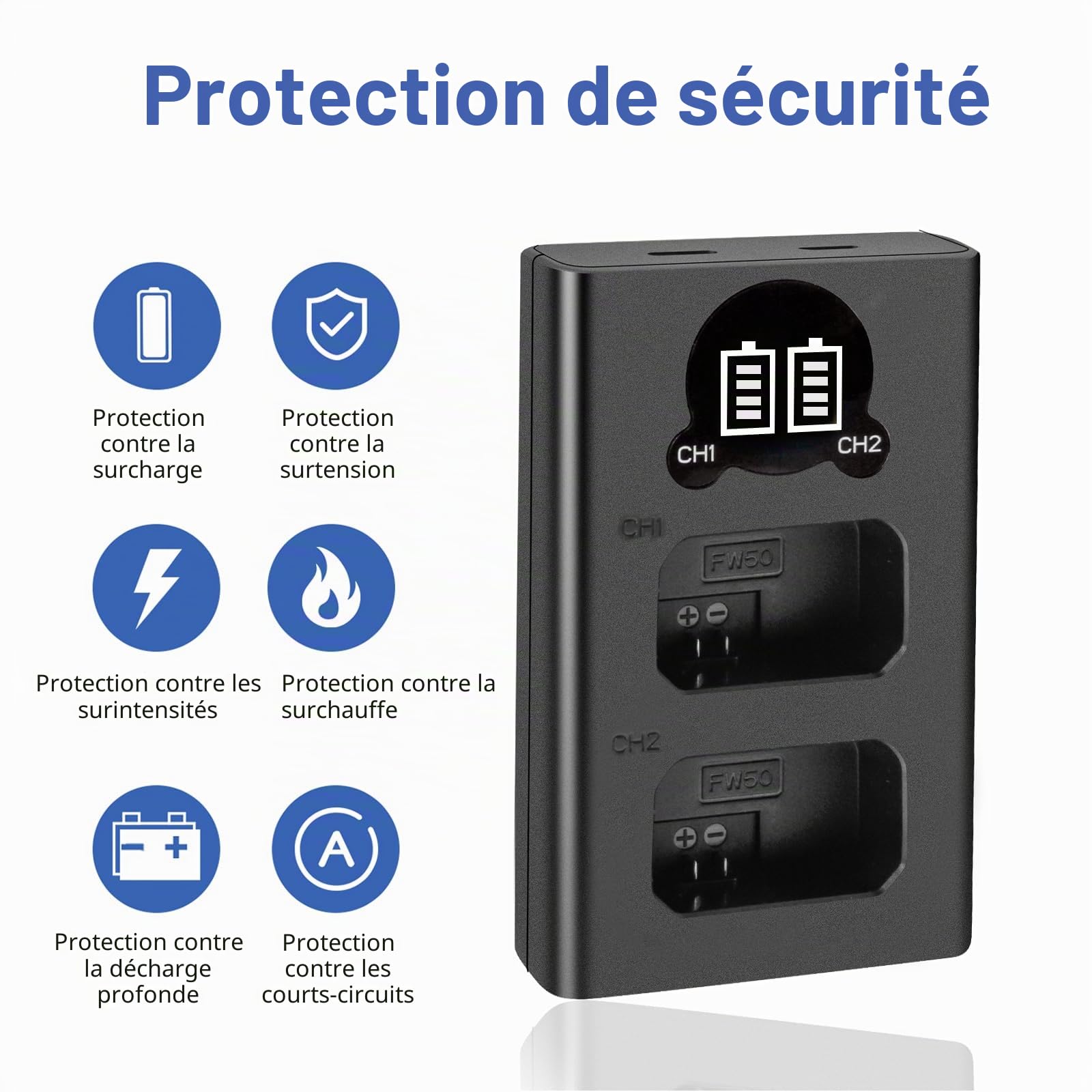 2 X NP-FW50 Batterie de Rechange et Chargeur Double Compatible avec Sony Alpha a6500, a6300, a6000, a7s, a7, a7s II, a5100, a5000, a3000, a7r, a7 II, NEX 3/5/7 Series