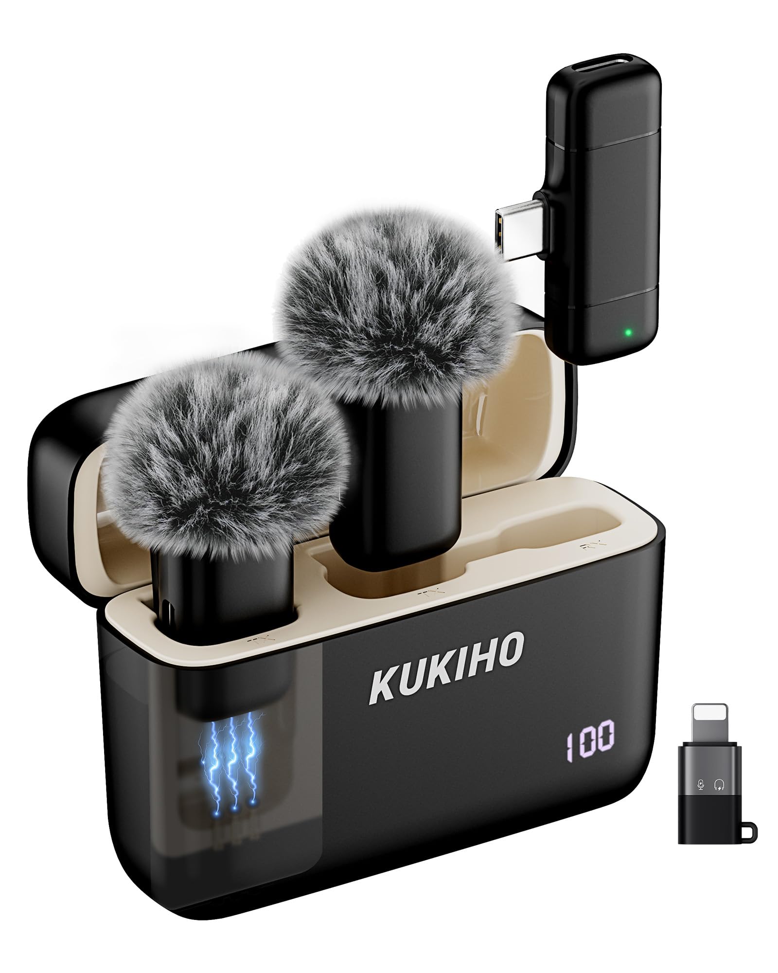 KUKIHO Microfono Lavalier Wireless con Custodia di Ricarica, microfono per video social Cancellazione del Rumore, Telecomando da 40m mini microfono per iPhone & android