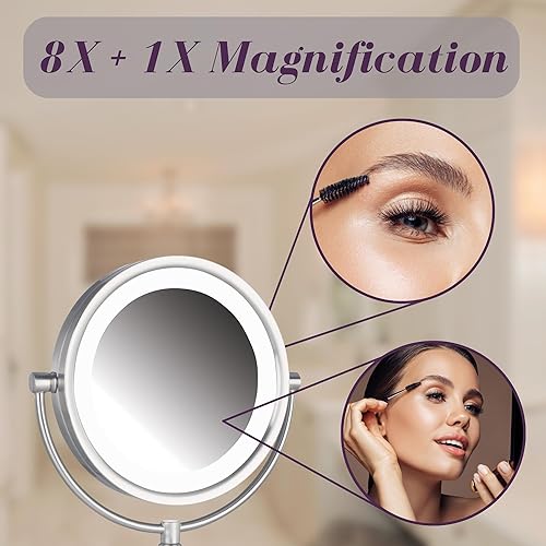 Miniatura 5 de Jerdon Espejo de maquillaje de mesa iluminado espejo de maquillaje iluminado con halo con 1 aumento y 8 veces en acabado de níquel espejo de tocador