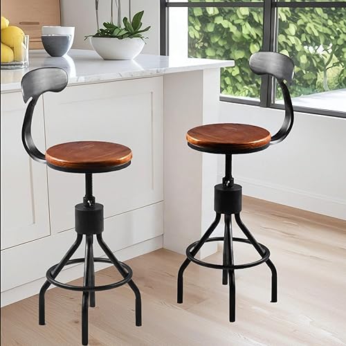 Diwhy Industrial Vintage Bar Stool, Kitchen Counter Height Adjustable Pipe Chair, Cast Iron Stool, Swivel Bar Stool with Backrest, Silver, Fully Welded Set of 2 Brown Wood Seat
