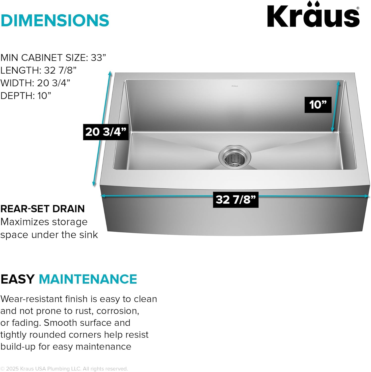 Kraus KHF200-33 Standart PRO Stainless Steel Sink 33 inch Farmhouse Apron Single Bowl 16 gauge