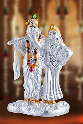 Miniatura 2 de Radha Krishna - Estatua de plata pura 990, 35 a 40 GMS de Murti colorido para el hogar Pooja