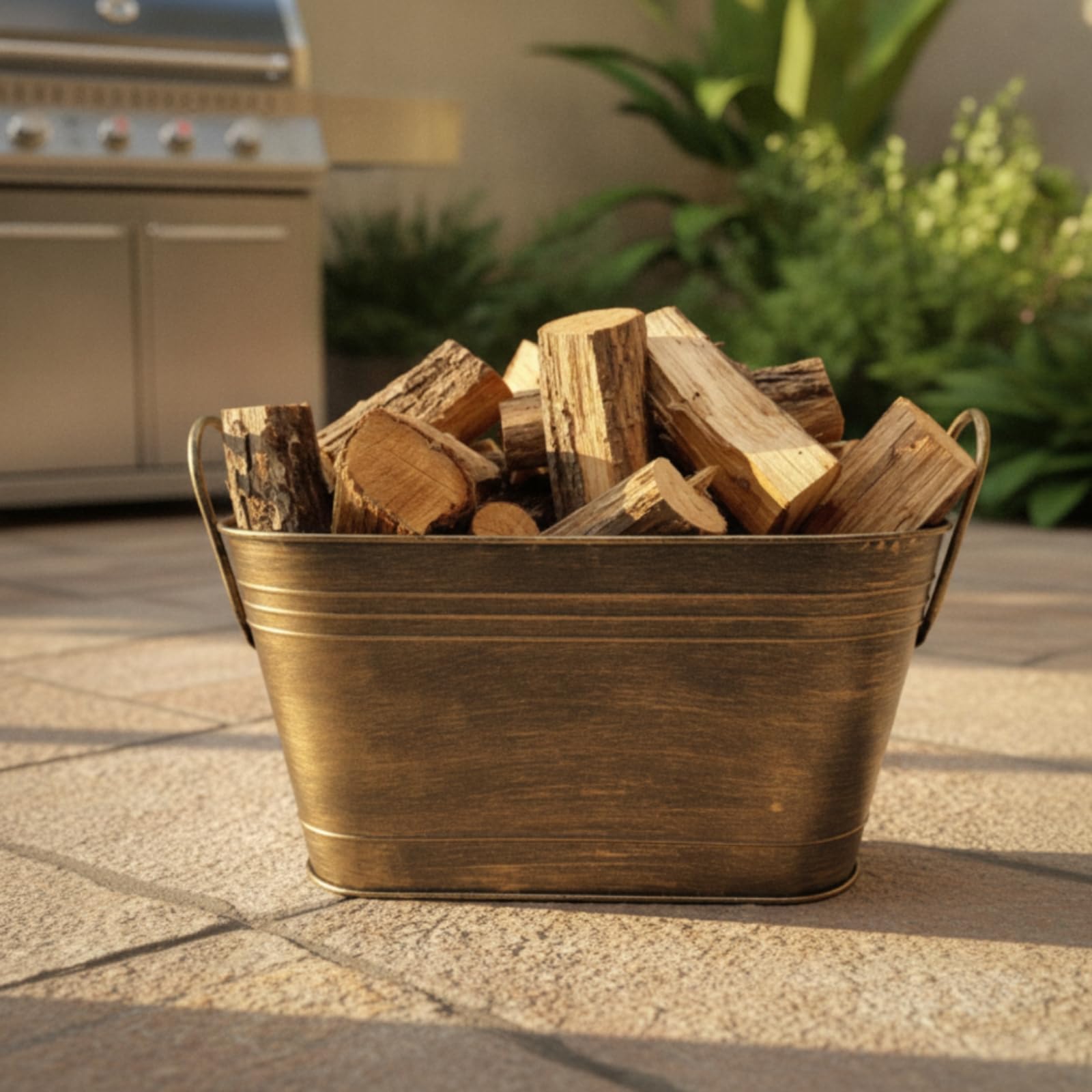Milageto Contenedor de Carbón para Chimenea Cubo Balde Cubeta Leñera con Asas de Hierro Resistente y Acabado Bronce Diseño Ovalado Abierto y Portátil Adecuado para Sala de Estar Patio