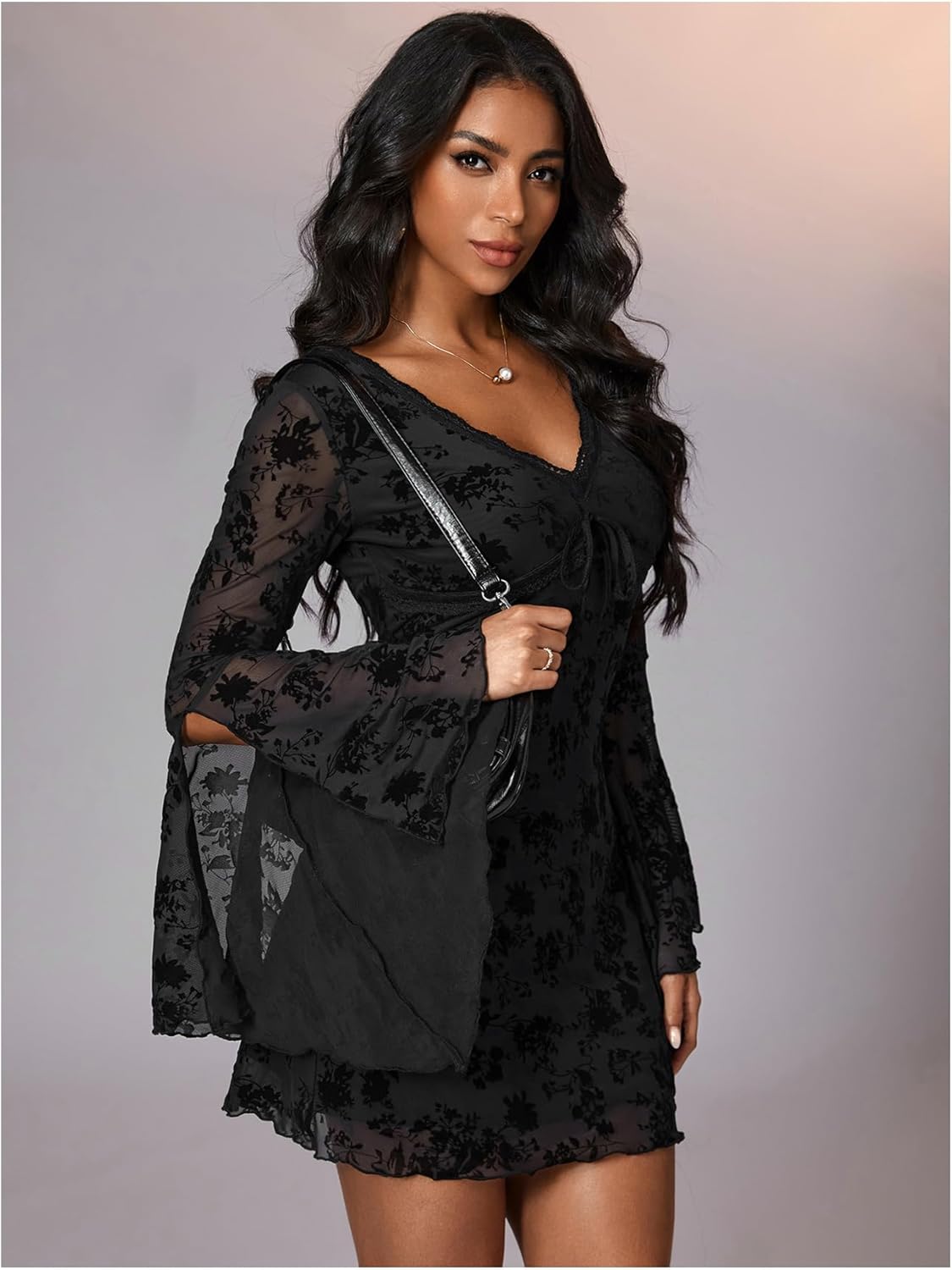 WDIRARA Women's Vintage Floral Print V Neck Dress Mesh Split Ruffle Long Bell Sleeve Dresses - Image 4