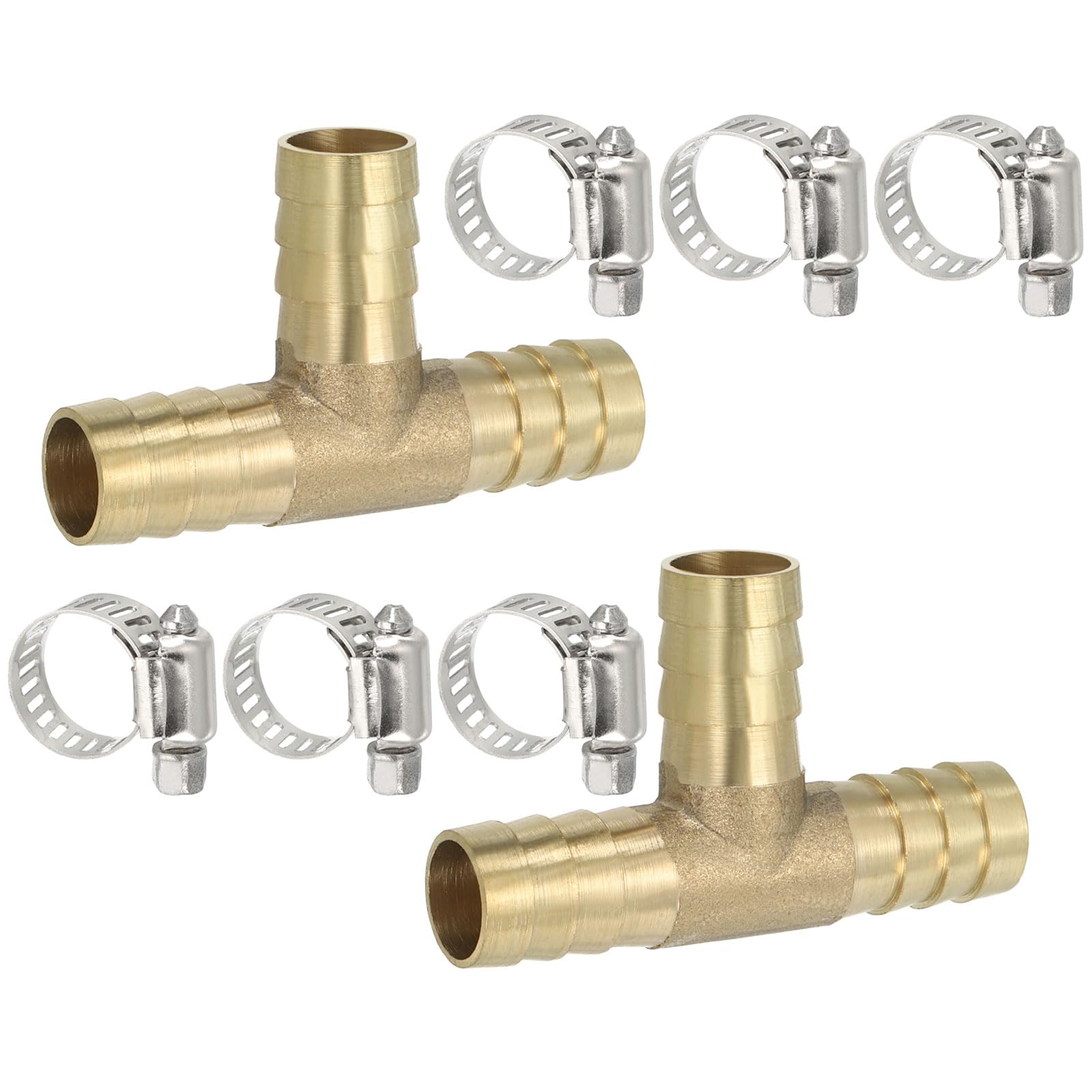 PATIKIL 1/2" Brass Tee Hose Barb Fitting, 3 Ways Union Intersection T Shape Barbed Split with Clamps for Air Water Fuel Gas Liquid, Golden — view 9