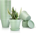 16Pcs Plastic Plant Pots with Drainage Holes & Tray 4in Indoor Flowers Pots | Thickened Planters Seedlings Nursery Pots for Flowers, African Violet, Succulent and All House Plants, Green