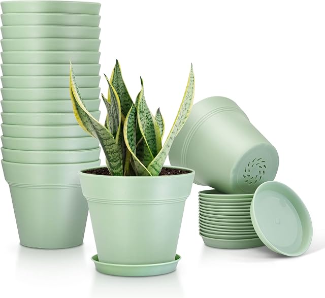 16Pcs Plastic Plant Pots with Drainage Holes & Tray 4in Indoor Flowers Pots | Thickened Planters Seedlings Nursery Pots for Flowers, African Violet, Succulent and All House Plants, Green