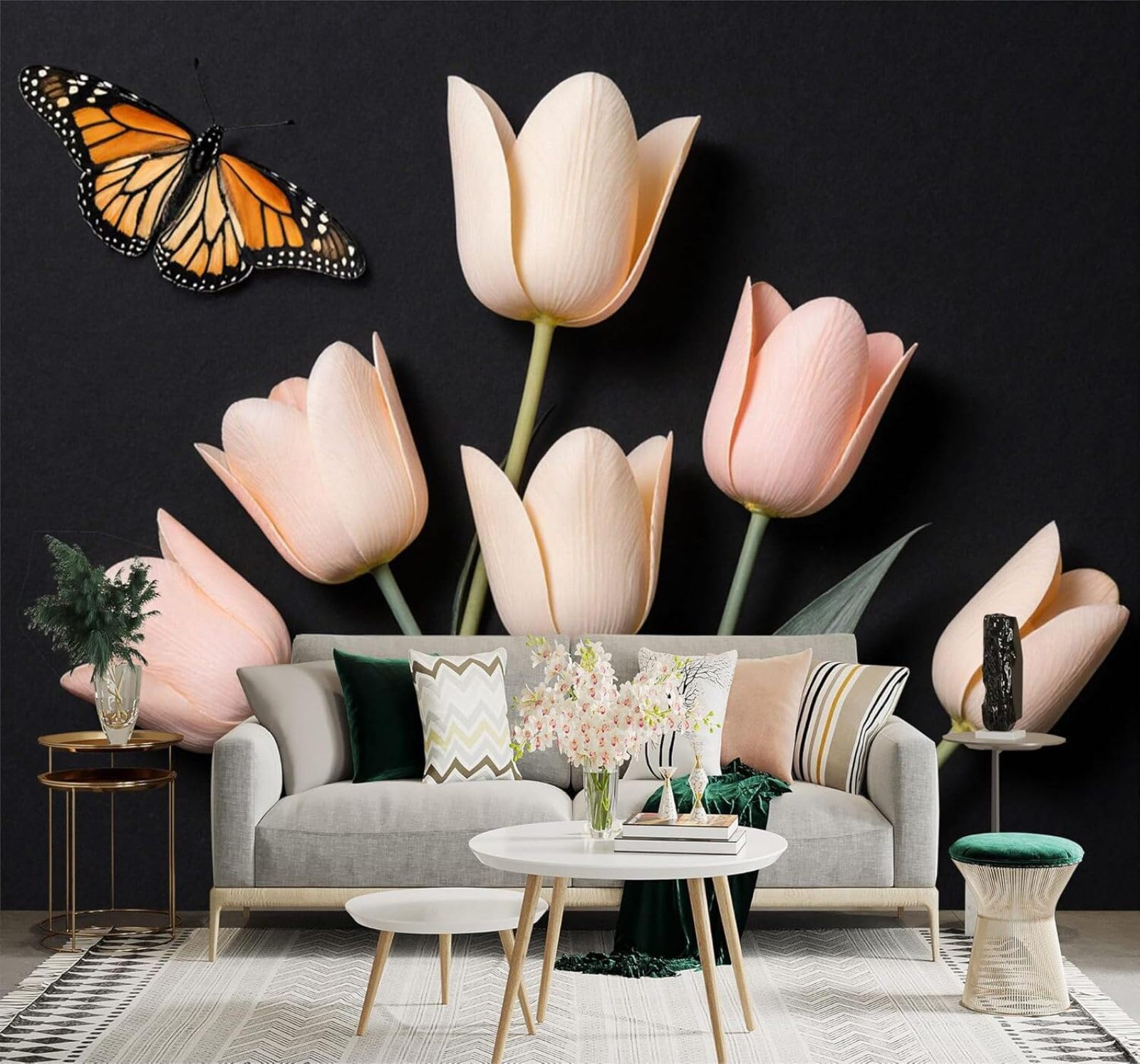 XLMING Simple Beautiful Three Dimensional Pink Tulips Butterflies 3D Wallpaper Silky Texture Home Study Office Grey Dining Room Sofa Bedroom Living Room TV Backdrop-300cm×210cm