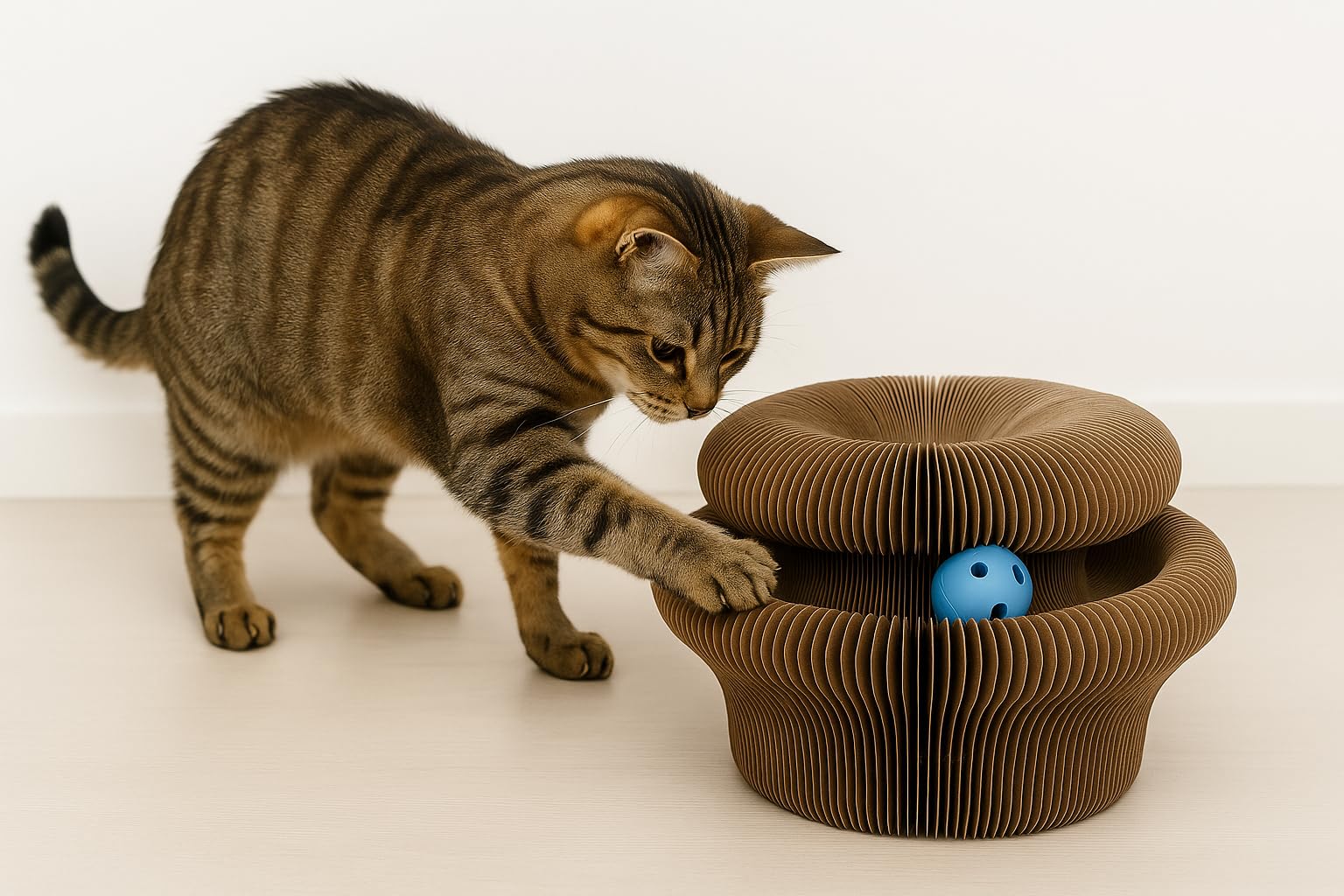 katzenspielzeug - kratzspielzeug Cama rund braun 18,5x11x8 cm - karton recycelbar - faltbar - 3 Formen mit Magnet - glöckchenball - kratzbrett