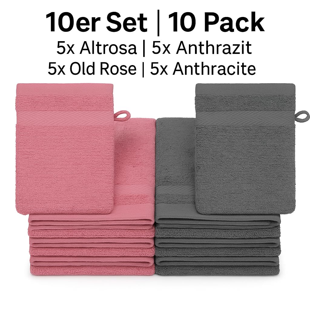 Set Di 10 Guanti Da Bagno In Cotone – 16x21 Cm, Rosa Antico E Grigio Antracite, Premium