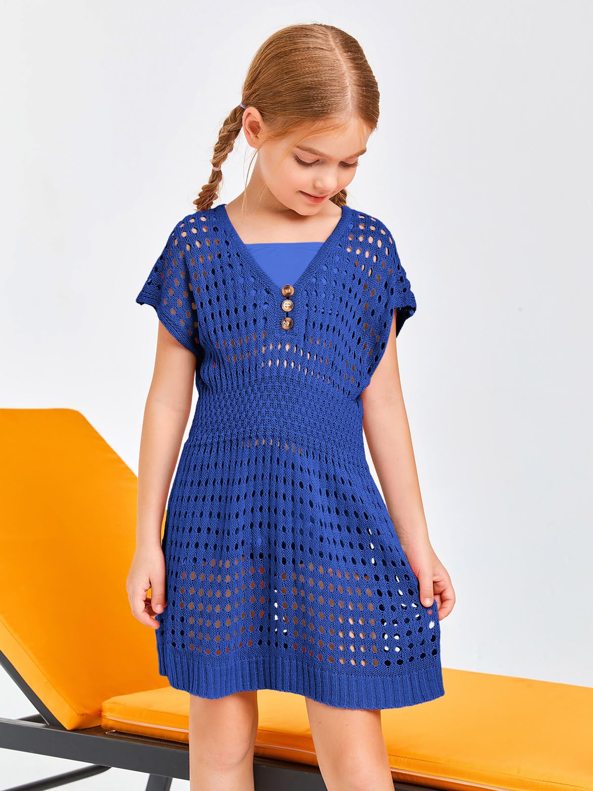 Haloumoning Costume da bagno da bambina all'uncinetto per bambini, a maniche corte, con bottoni, 5-14 anni