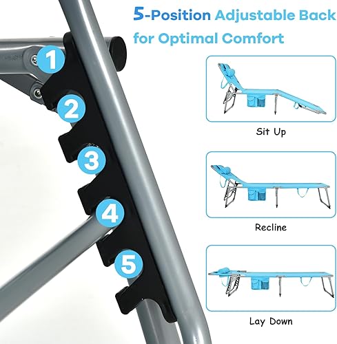 Miniatura 3 de GYMAX Silla bronceadora, tumbona de playa plegable con agujero para el brazo facial, respaldo ajustable, bolsillo lateral, almohada extraíble y asa