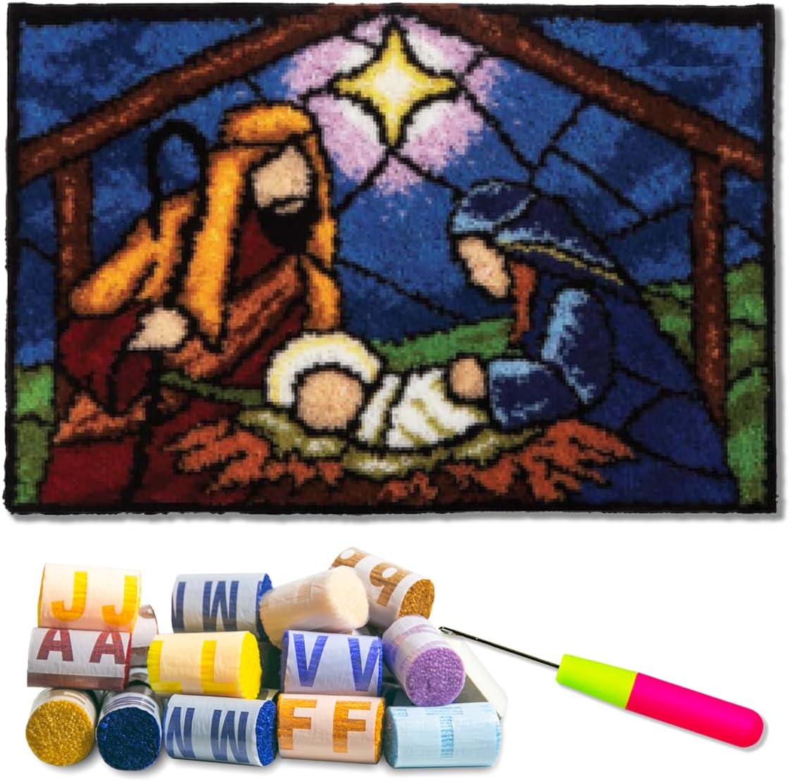 DL-YTG Latch Hook Kits Rug Jesus Be Born Crochet Yarn Cushion Colour Pre-Printed Canvas Cover Rug Needlework DIY Hook and Latch Kit Christmas Home Decoration 52x38cm/20 X15inch