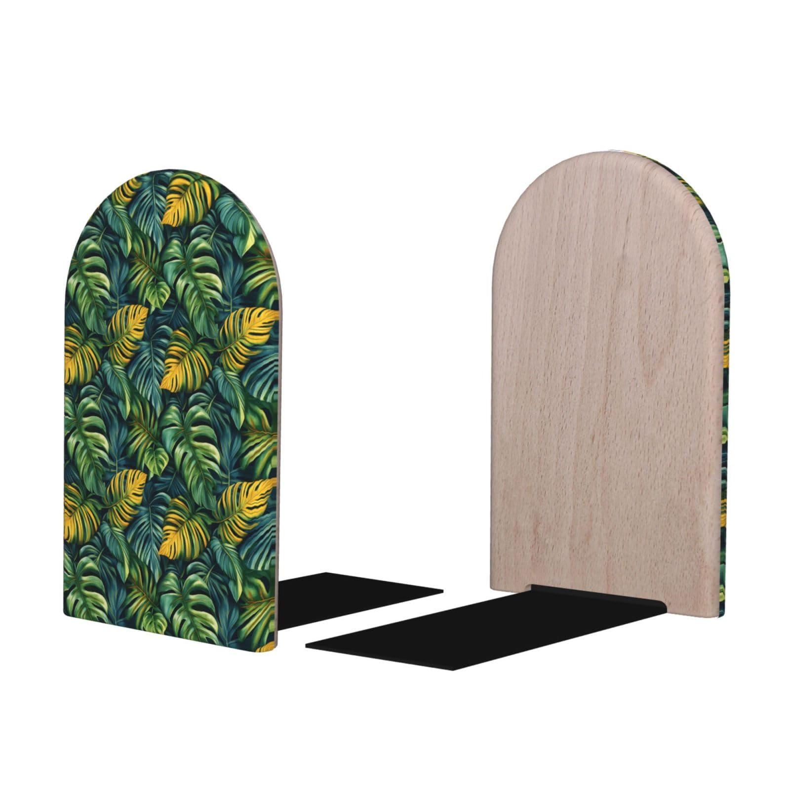 Summer Leaves Print BookEnds 1 Pair, Decorative Bookends for Heavy Books, Wood Book Ends for Shelves, Book Organizer for Home Desk Office Supplies