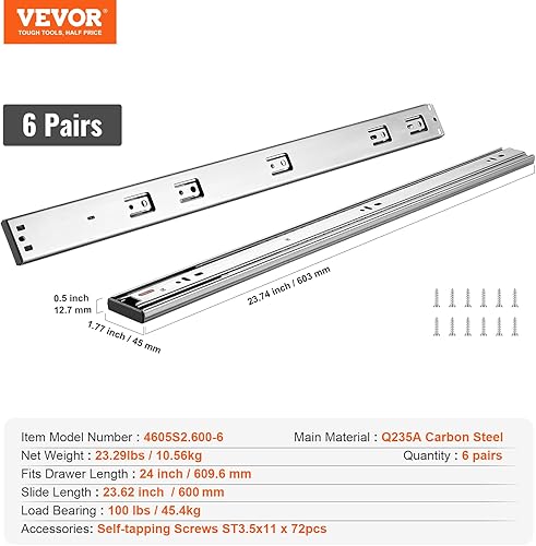 Miniatura 52 de VEVOR 6 pares de rieles de montaje lateral resistentes de 20 pulgadas, de 14, 16, 18, 20, 22, 24 pulgadas, rodamientos de bolas, extensión completa