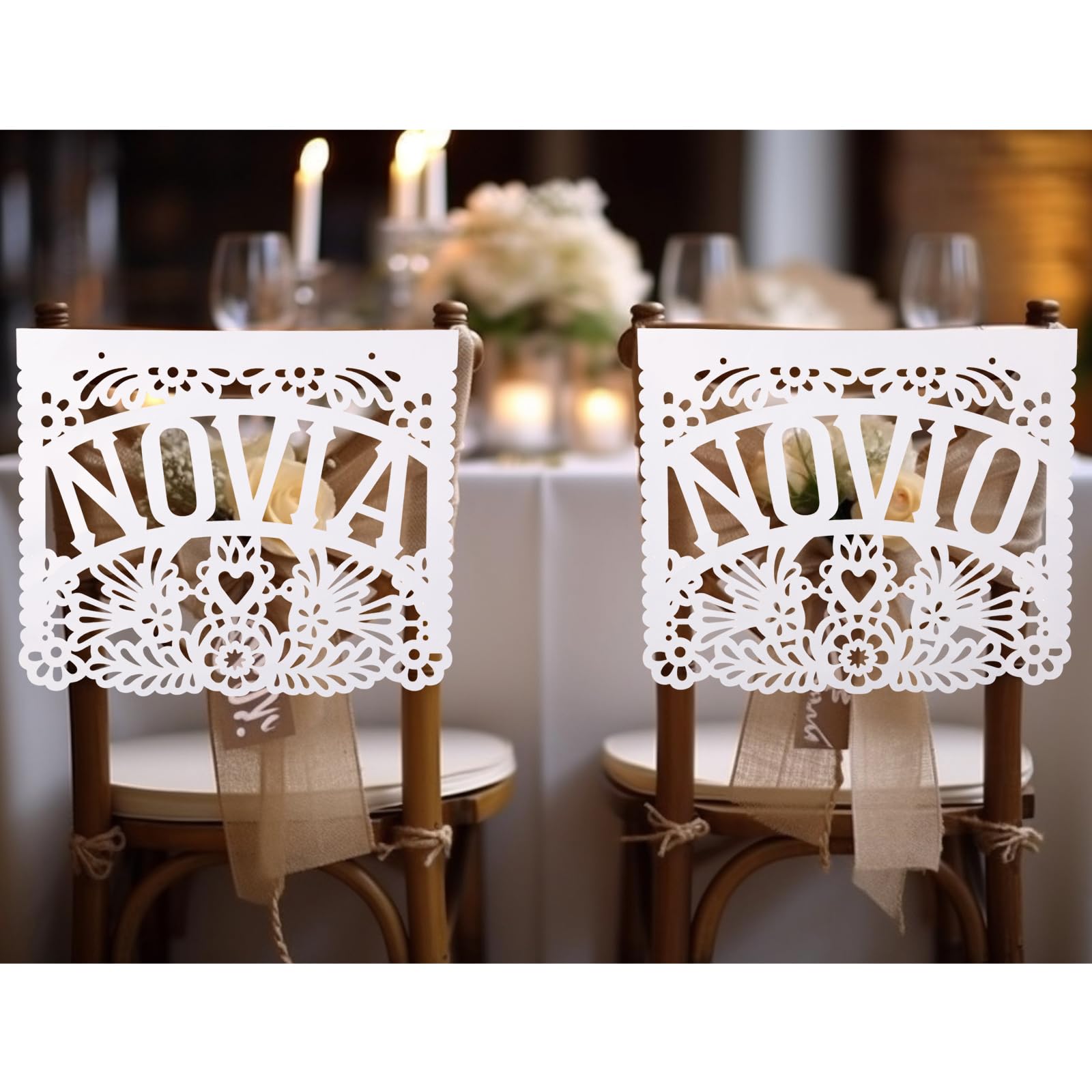 Novio & Novia Stuhlbanner Für Hochzeiten – Weiß, 33x27 Cm, Mit Schnur – Romantische Sitzplatz-Deko