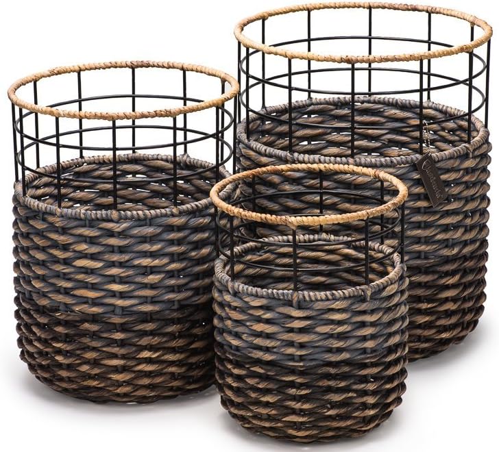 Set of 3 Strong Stylish Round Handmade Accent Storage Bins Baskets- Organic Hyacinth- Luxury Woven Decor for Bedrooms, Bathrooms, Pool Side, Kids Room- Ideal for Towels, Laundry, Toys
