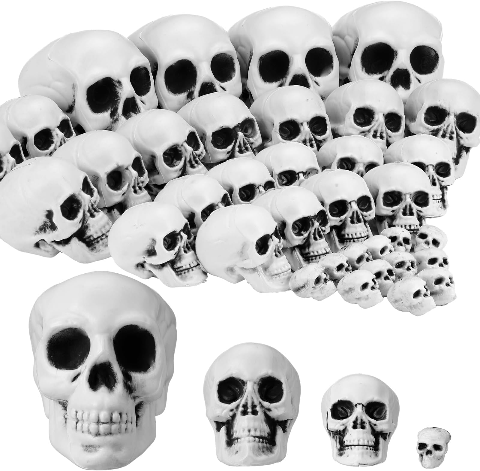 50 Pieces Halloween Skulls Realistic Looking Skeleton Heads Plastic Human Skeleton Skulls Decors Crafts for Halloween Spooky Party Decors Bar Home Table Ornaments, 4 Sizes