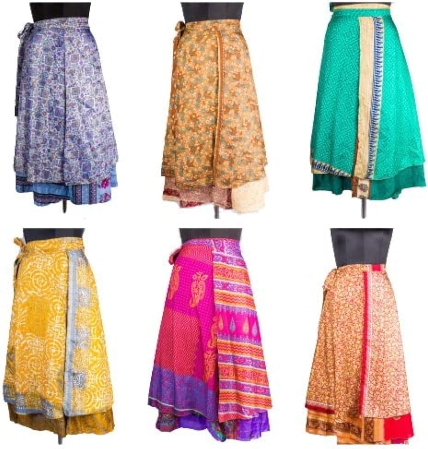 Indian Vintage Long Silk Wrap Skirts - Set of 5 Multicolored