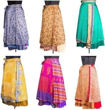 Indian Vintage Long Silk Wrap Skirts - Set of 5 Multicolored
