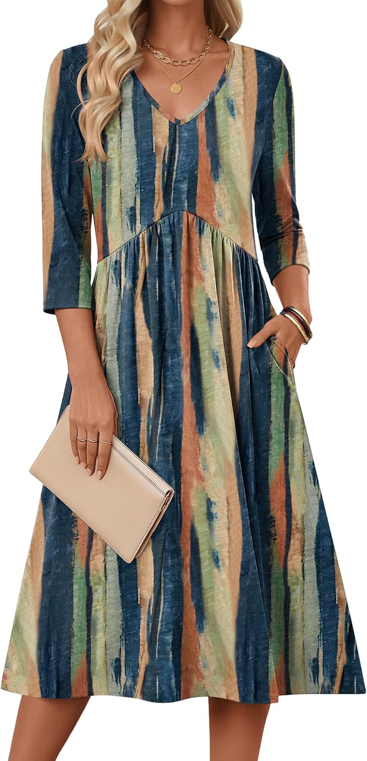 Zeagoo 3/4 Sleeve Women's Dress Casual Midi Tshirt Dresses with Pockets Empire Waist Summer Semi-Formal Boho Beach Sundress - Image 2