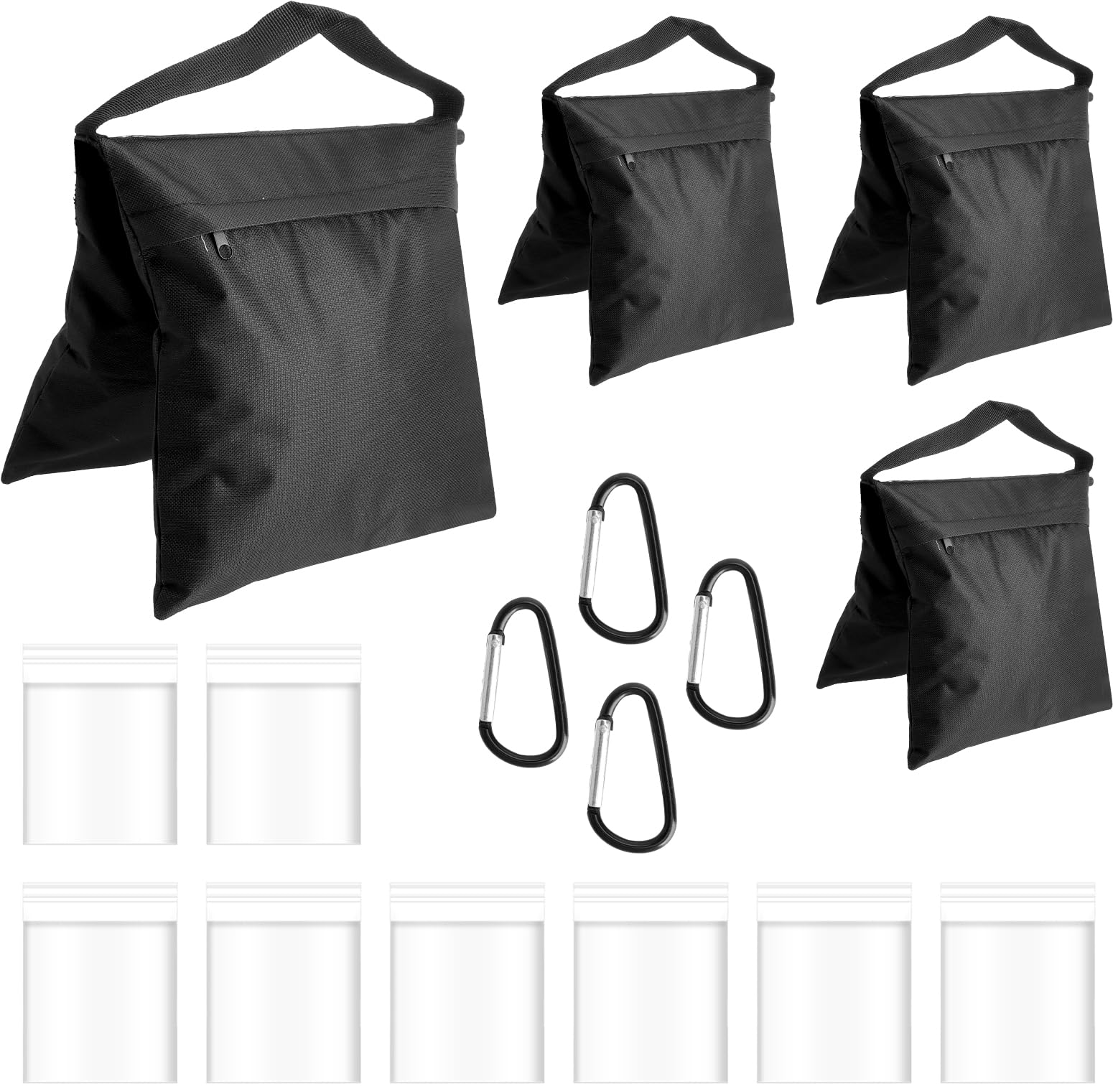 Lot de 4 sacs de sable pour lestage avec 4 crochets d'escalade et 8 sacs de fermeture, poids pour tonnelle, sac de sable pour studio photo, extérieur, pavillon et lestage de tente
