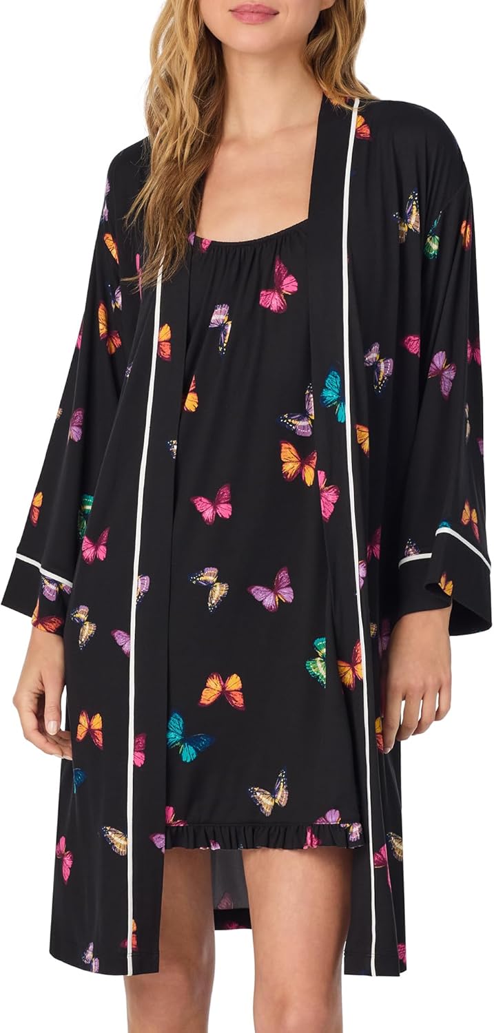 Room Service Womens 2 Piece Matching Robe and Chemise Set - Cozy Stretch Jersey Sleepwear Nightgown & Long Sleeve Lounge Robe