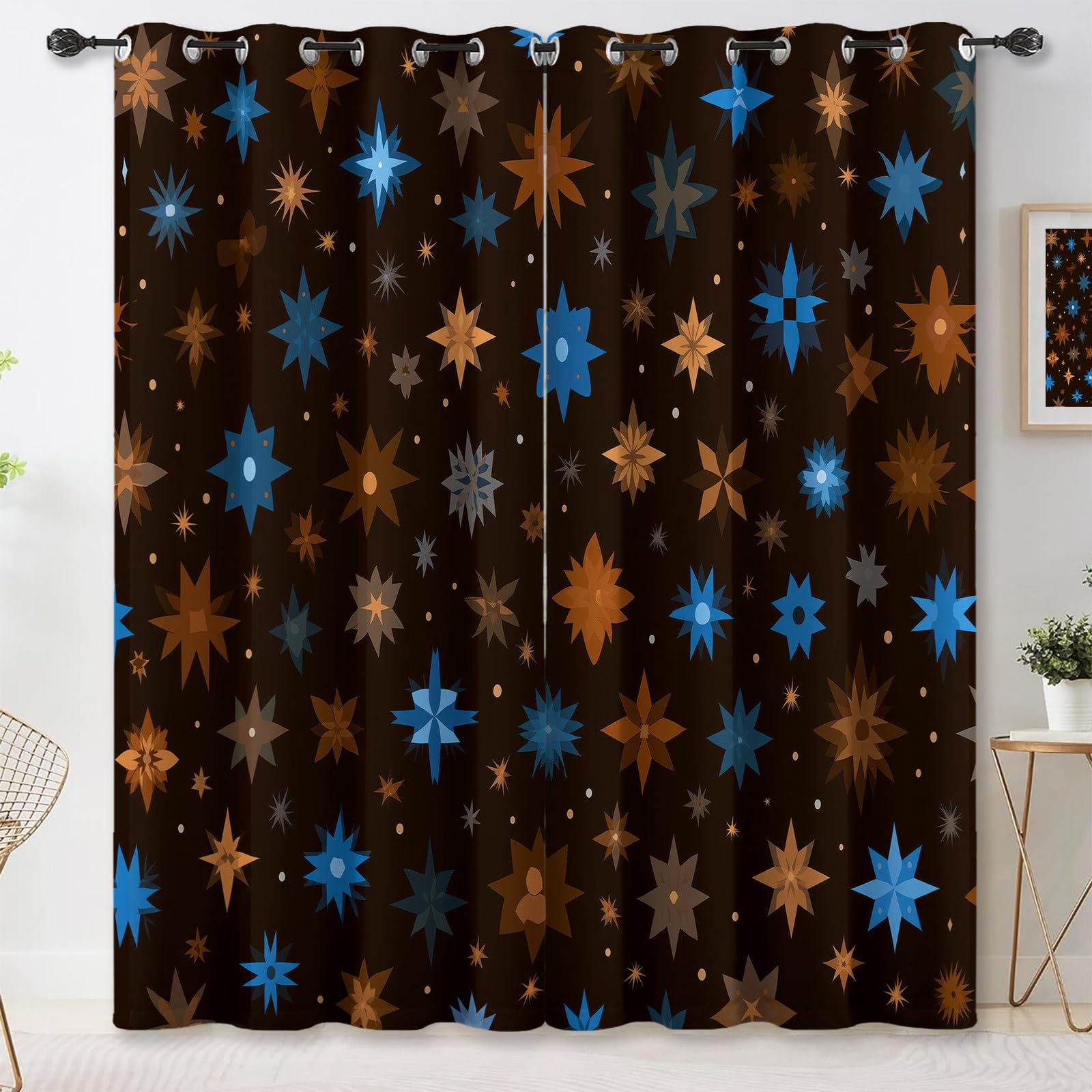 Abstrakt Blickdicht Vorhänge Dunkelbraun, Wärmeisoliert UV-Schutz vorhänge mit Sterne Schneeflocken Muster, Verdunklungsvorhänge mit ösen für Wohnzimmer Schlafzimmer Deko, H 175 x B 140 cm (2er Pack)