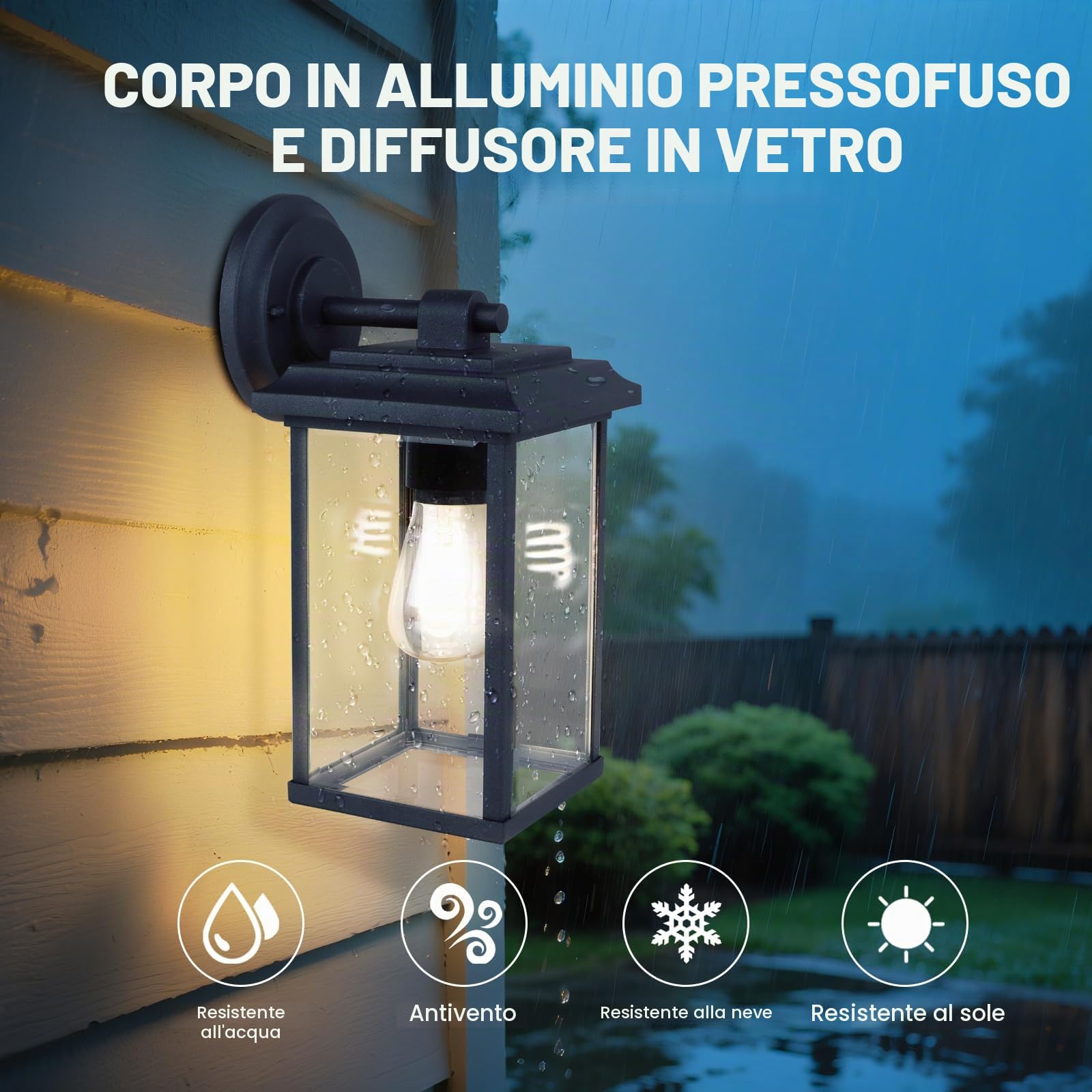 Applique da Parete per Esterni, Lampadina E27 Max 25W (Non Inclusa), IP65 ImpermeabileCorpo in Alluminio, Diffusore in Vetro, Lampada da Esterno a Parete con Paralume in Vetro Trasparente
