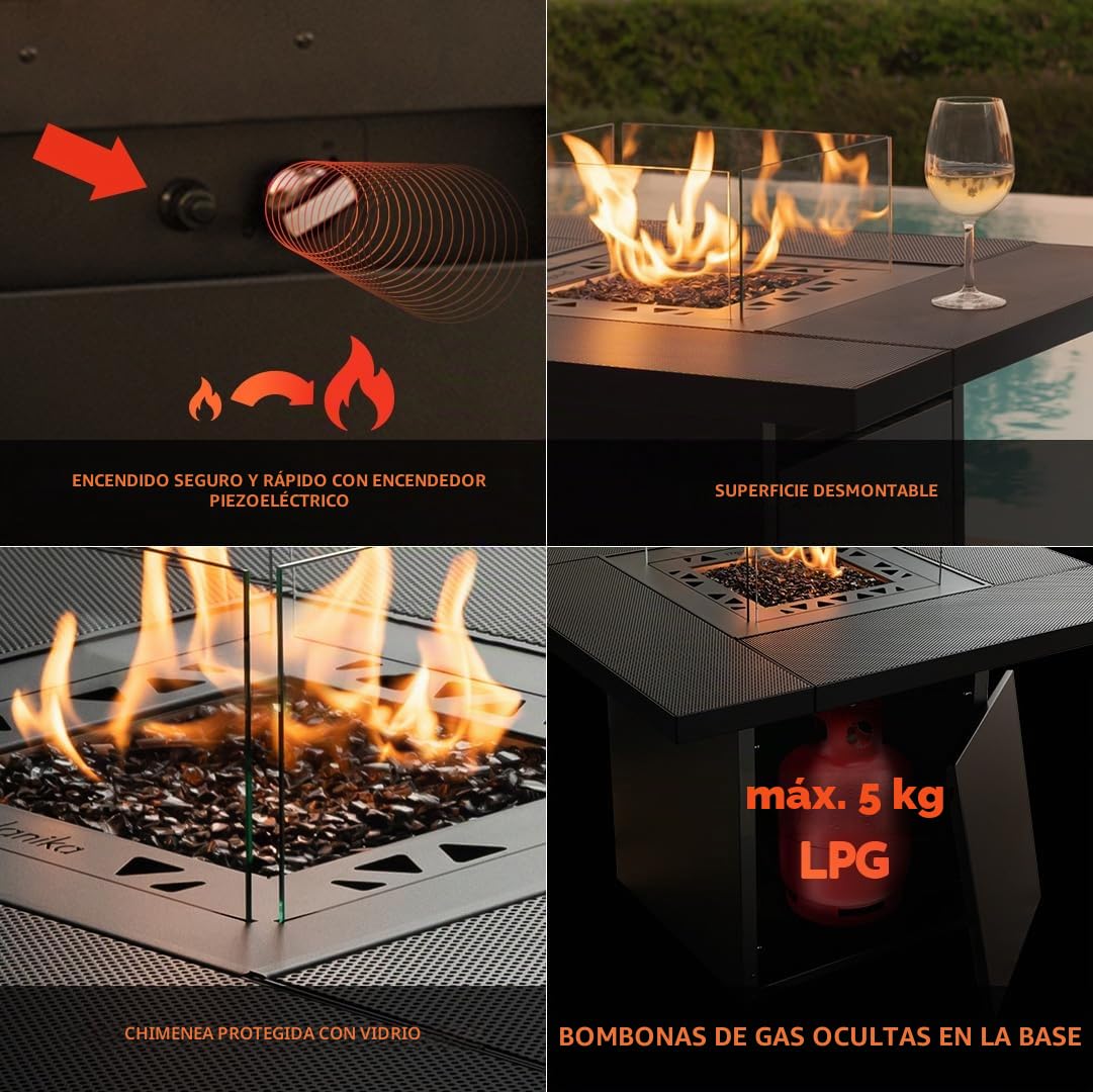 Planika Square Table - Mesa de Fuego de Gas - Chimenea con Mesa - Chimenea de Exterior de Gas y Mesa de Jardín en Uno - Compartimento Interior para Bombona de Gas - Resistente a la Intemperie - Funda
